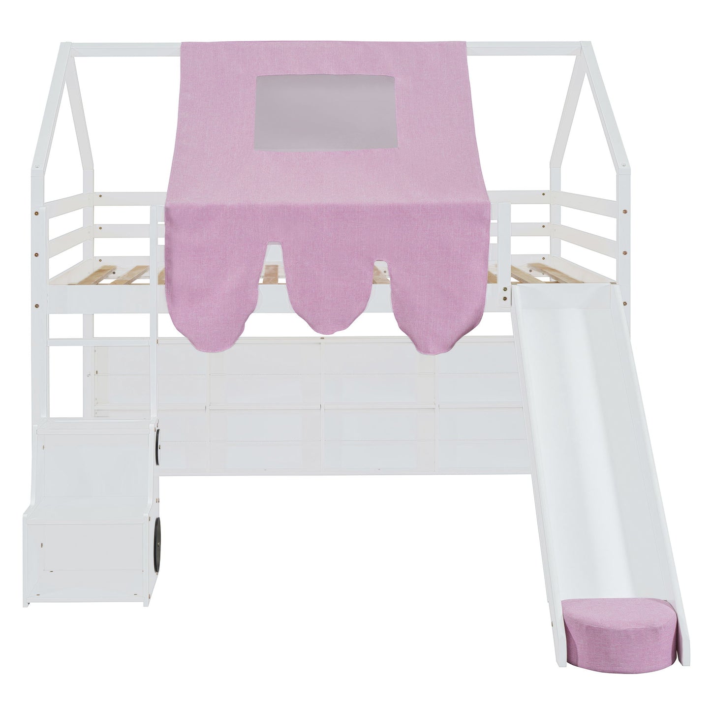 Full Size Loft Bed With House Shaped Frame And Tent - White / Pink