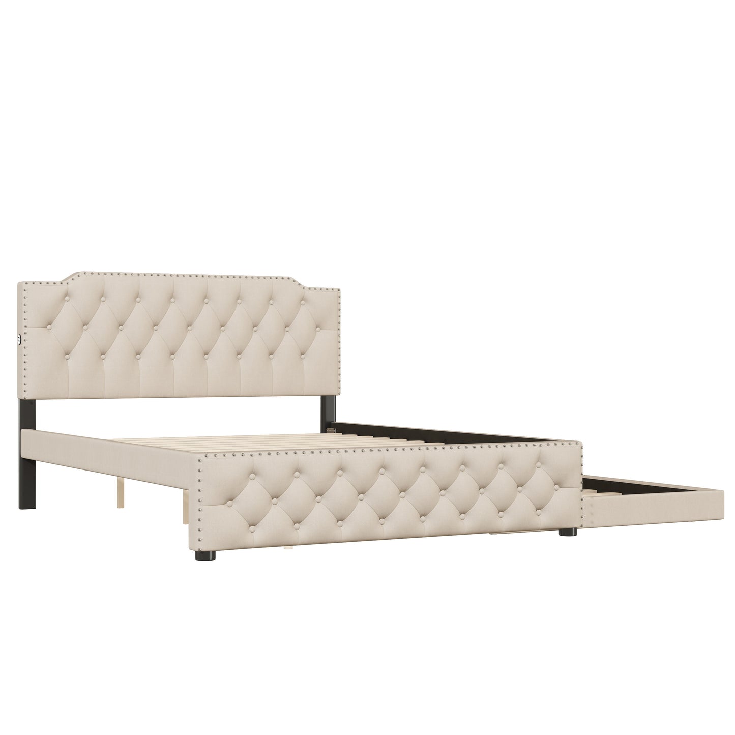 Queen Size Upholstered Platform Bed With Twin Size Trundle And 2 Sets Of USB Ports On Each Side - Beige