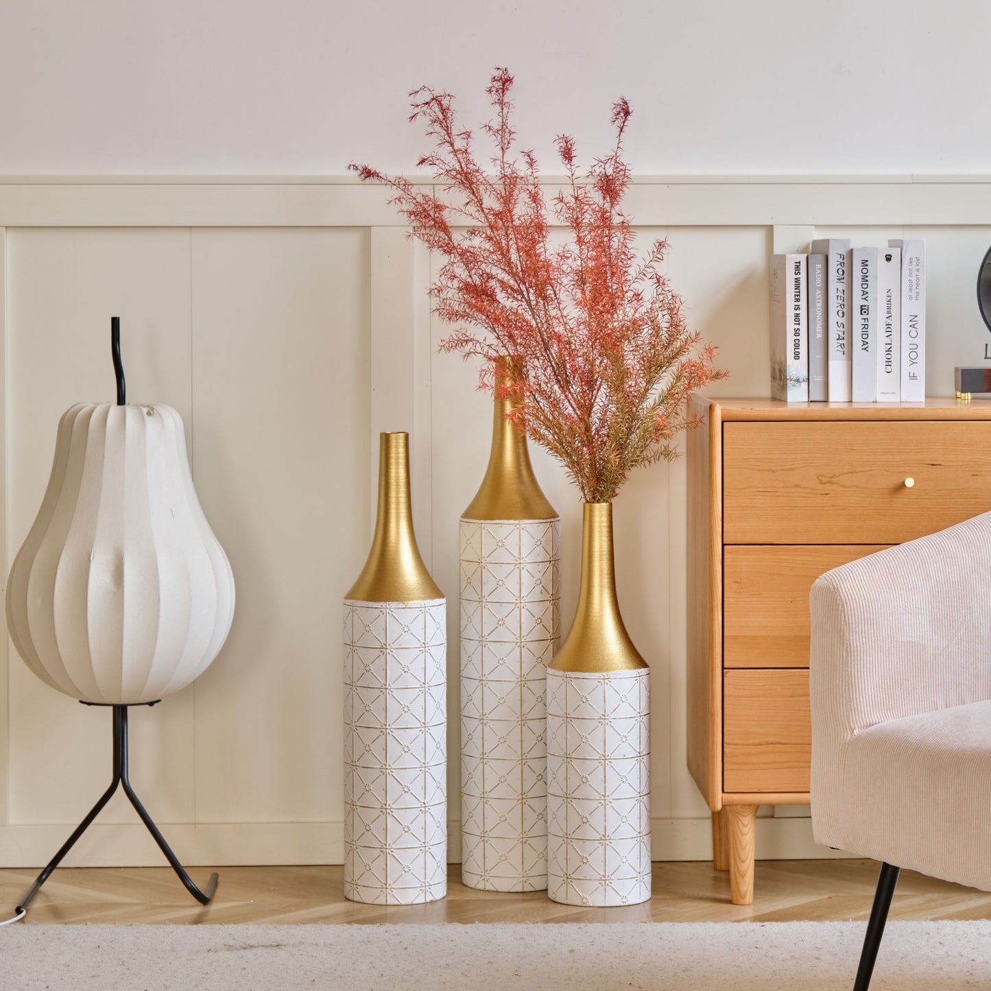 Floor Metal Vases Decorated White Metal Vases (Set of 3) Gorgeous Home Decoration Large Glazed Metal Vases - White / Gold