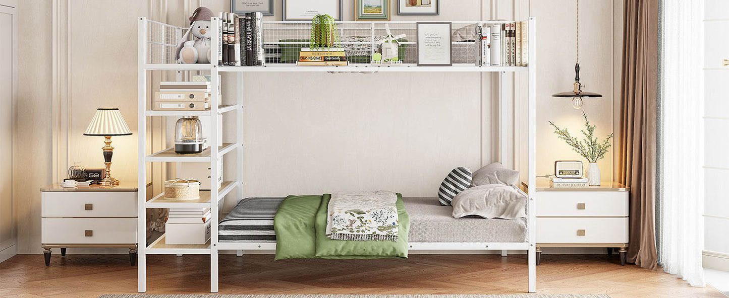 Twin Over Full Bunk Bed With 5 Tier Shelves - White
