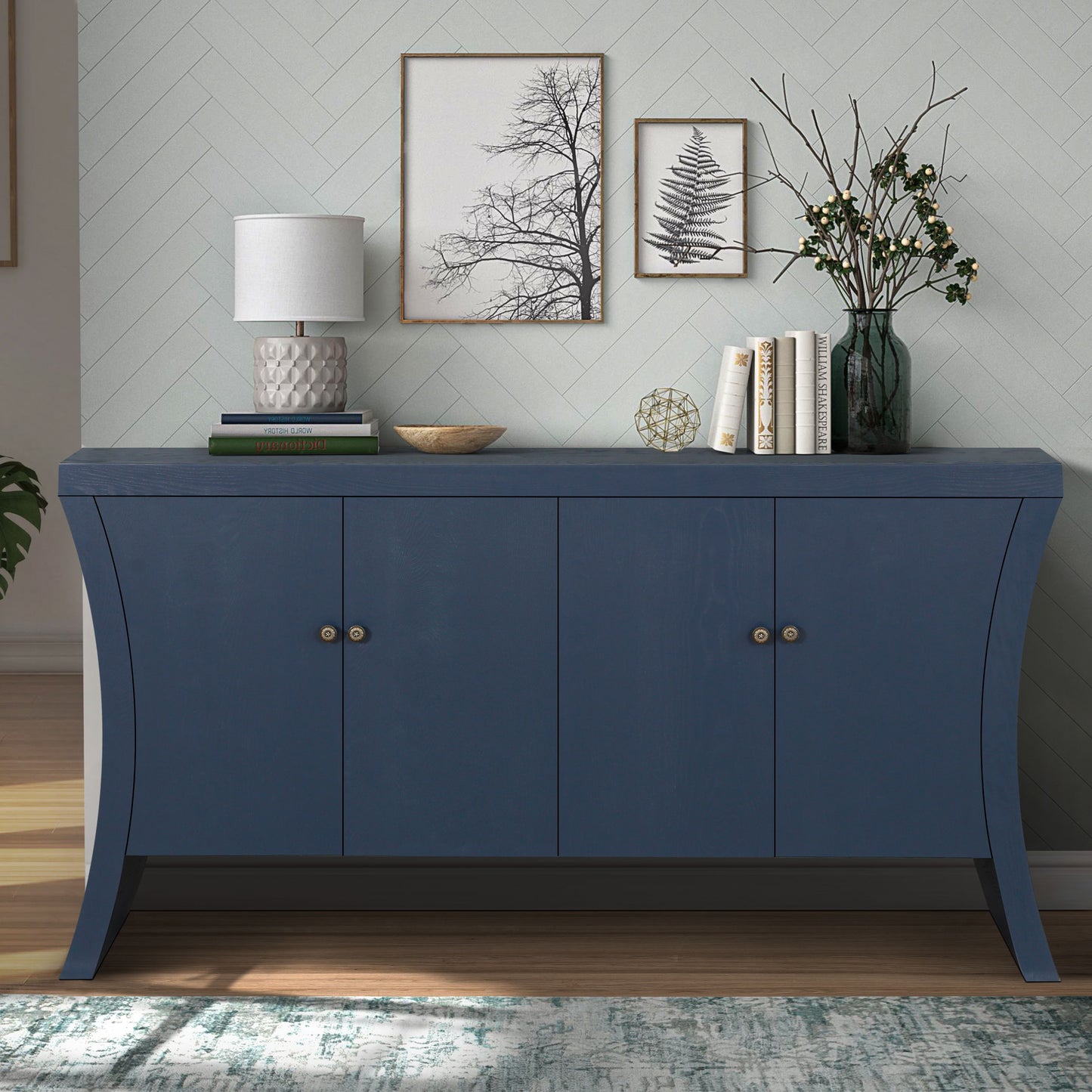 Refined Industrial 4 Door Credenza With Wooden Arc Legs & Bronze Clasps, Advanced Storage Design - Navy Blue