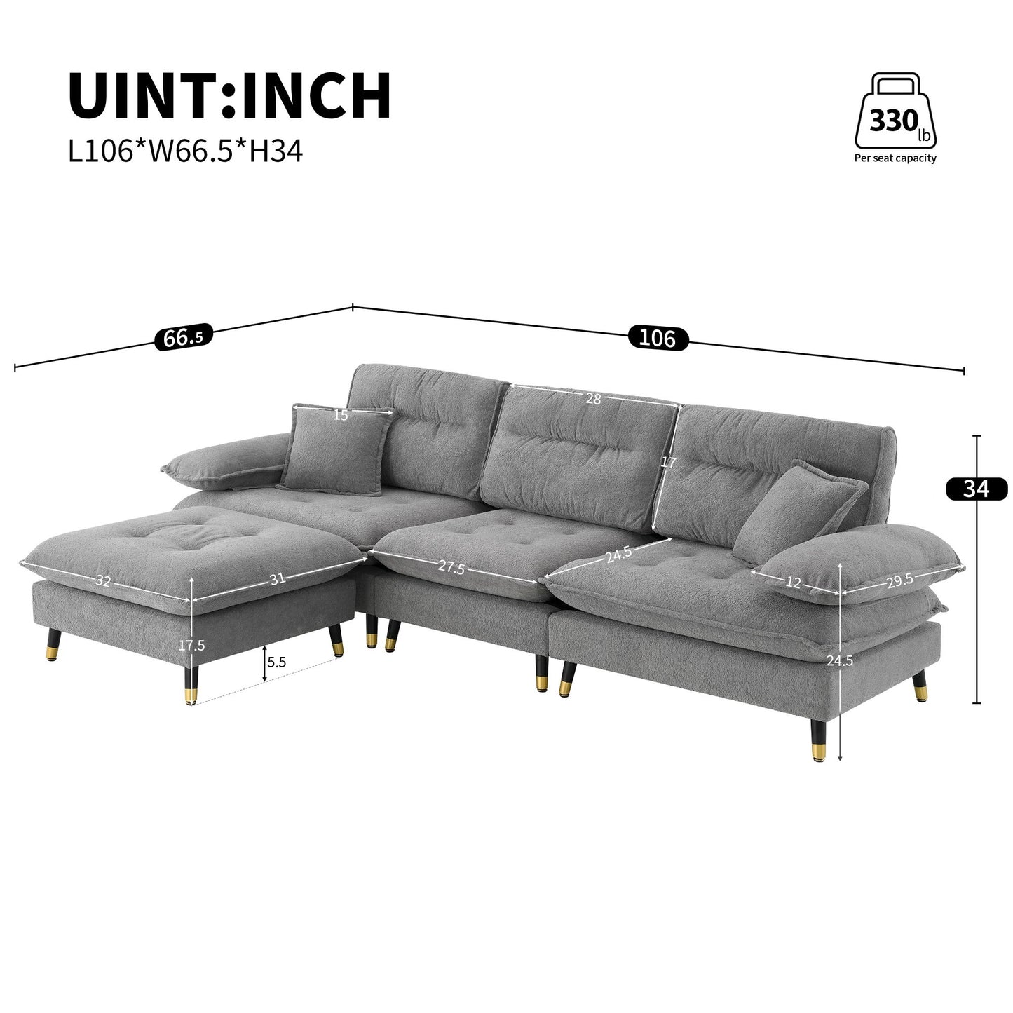 L Shaped Convertible Sectional Sofa 4 Seat Tufted Couch Set With Two Tone Adjust Legs Cloud Movable Ottoman - Gray