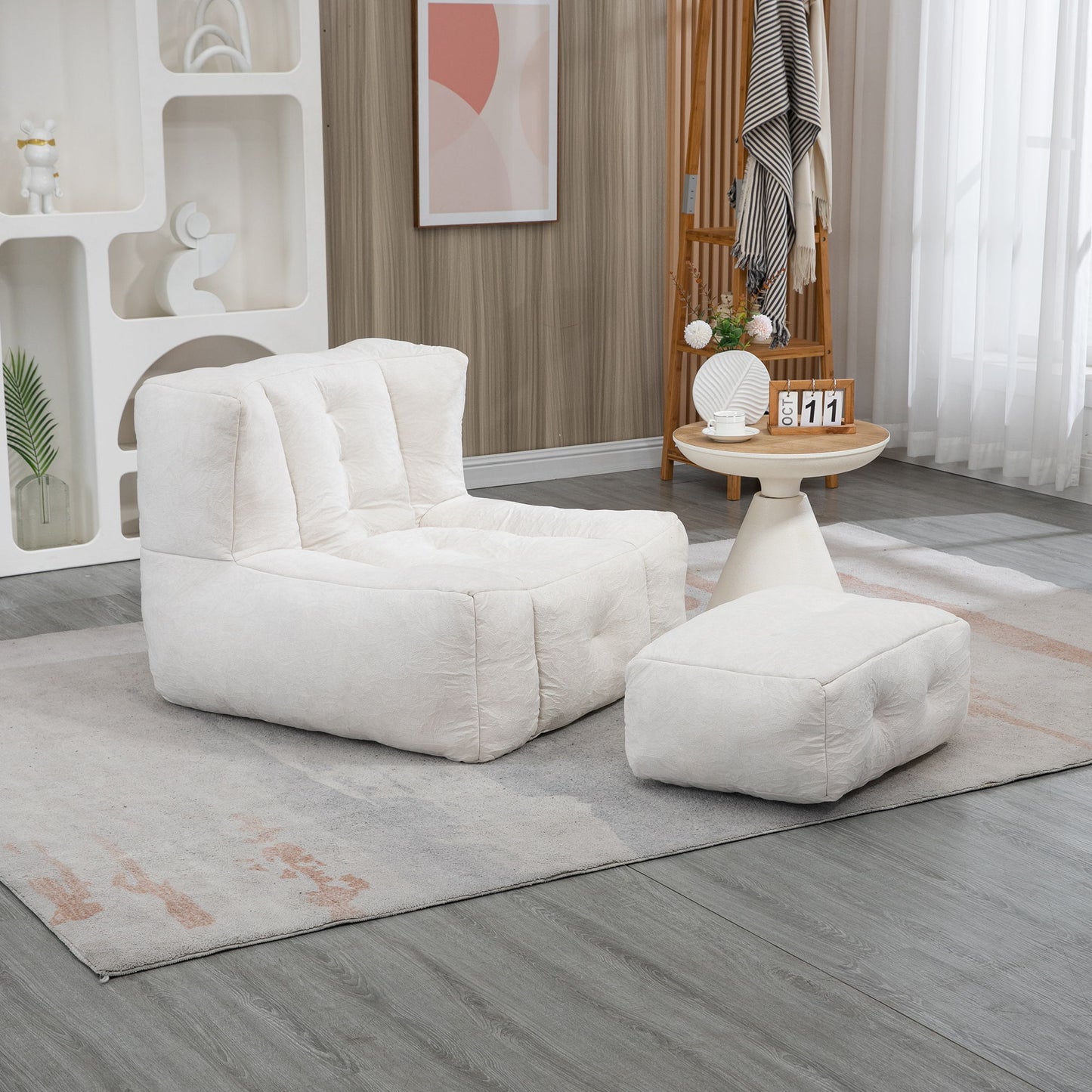 Fluffy Bean Bag Chair, Comfortable Bean Bag For Adults And Children, Super Soft Lazy Sofa Chair With Memory Foam And Ottoman, Indoor Modern Focus Bean Bag Chair For Living Room, Bedroom, Apartment - White
