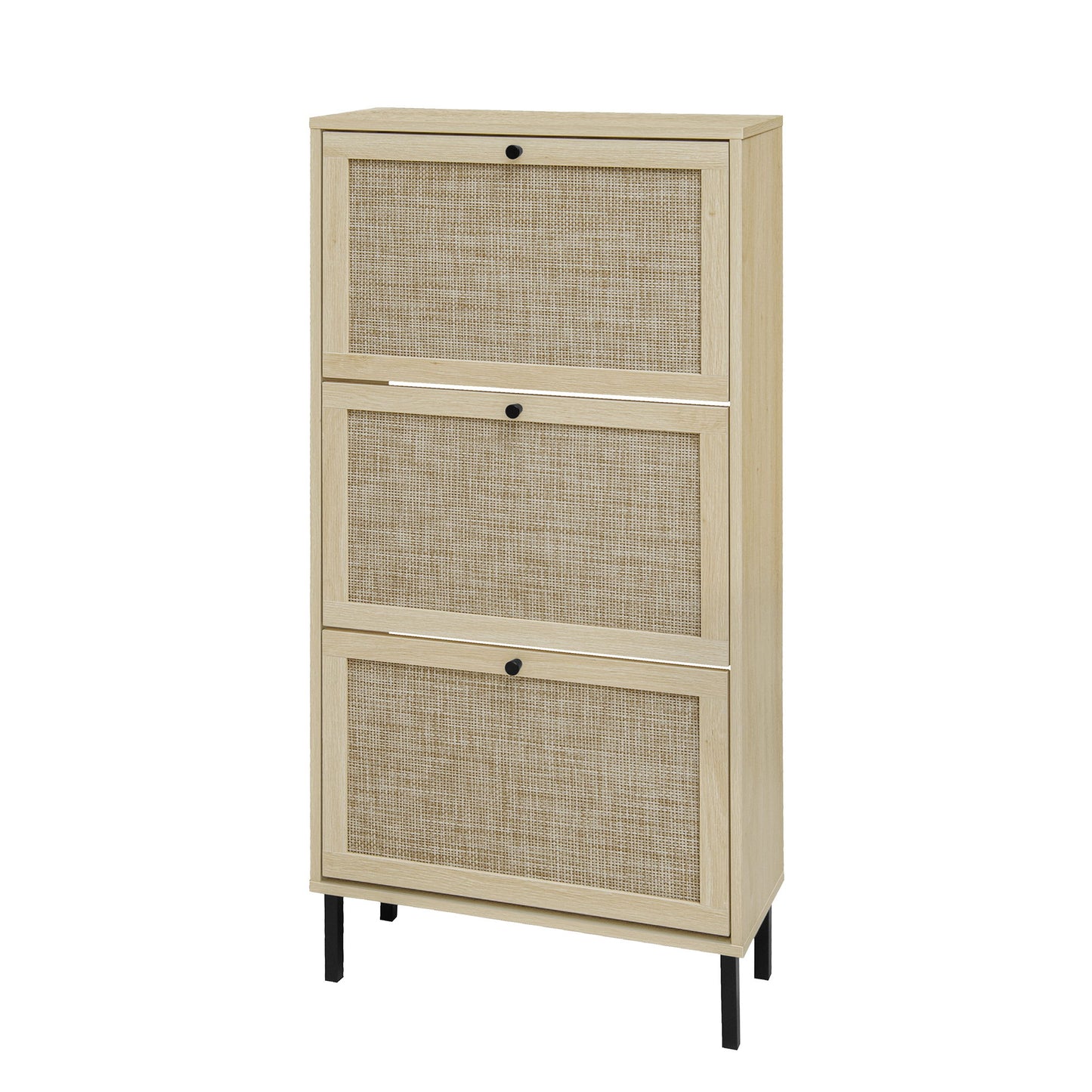 Modern Freestanding Rattan 3 Door Shoe Rack Storage Cabinet For Entryway - Natural Particle Board