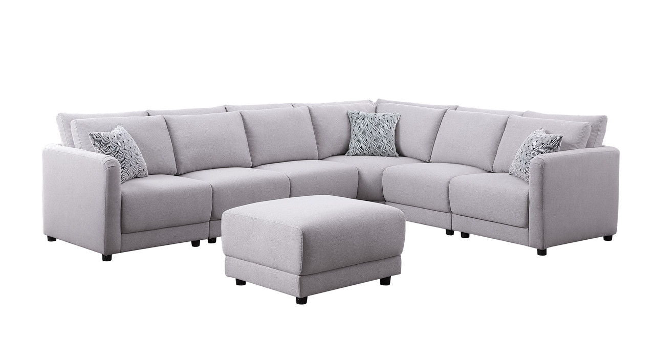 Penelope - Linen Fabric Reversible 7 Piece Modular Sectional Sofa With Ottoman And Pillows - Light Gray