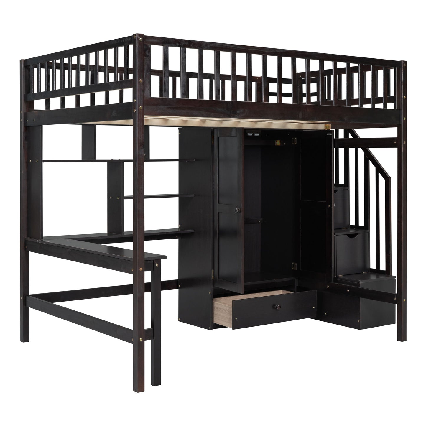 Full Size Loft Bed With Bookshelf, Drawers, Desk, And Wardrobe - Espresso