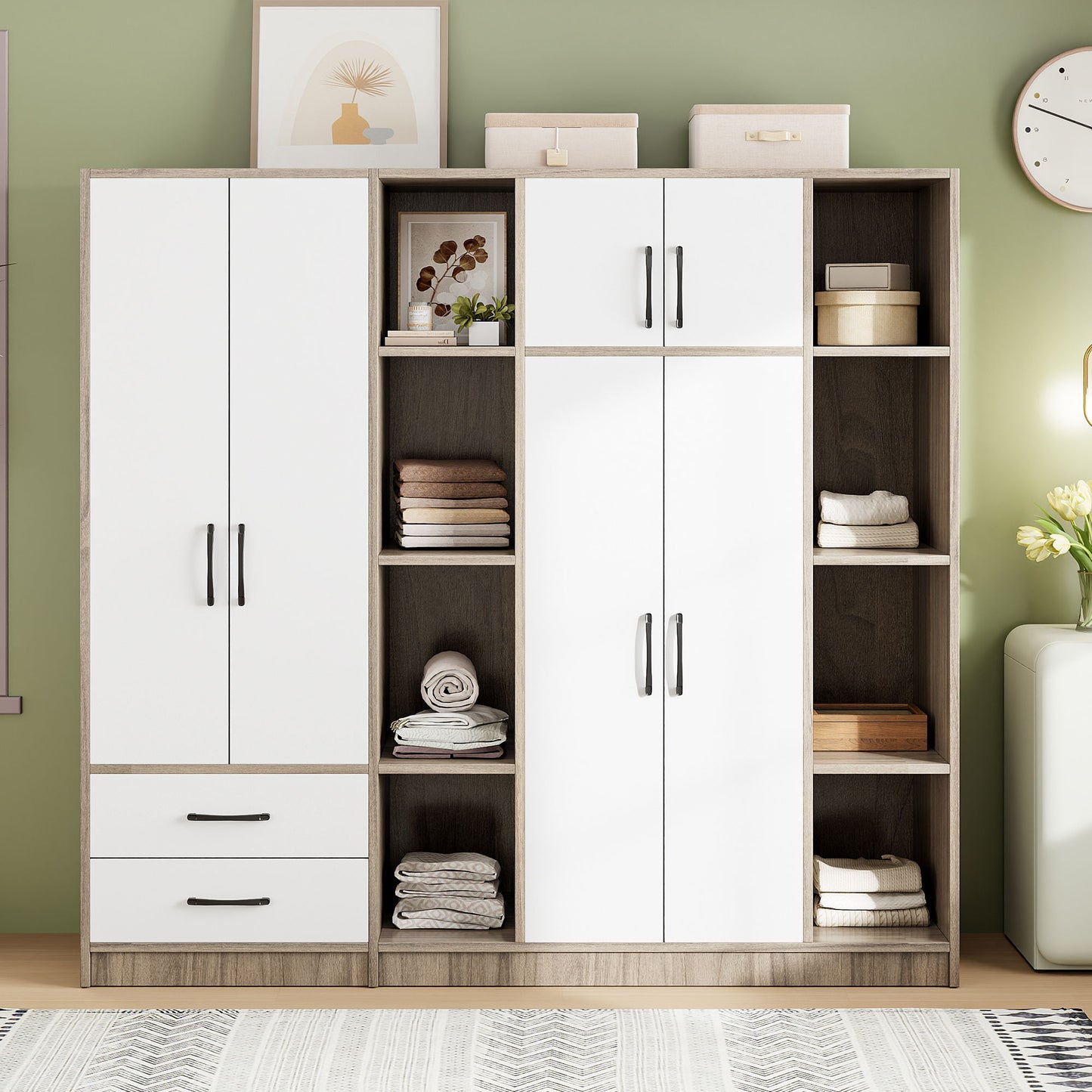 6 Door Wardrobe With Shelves And Drawers - Natural