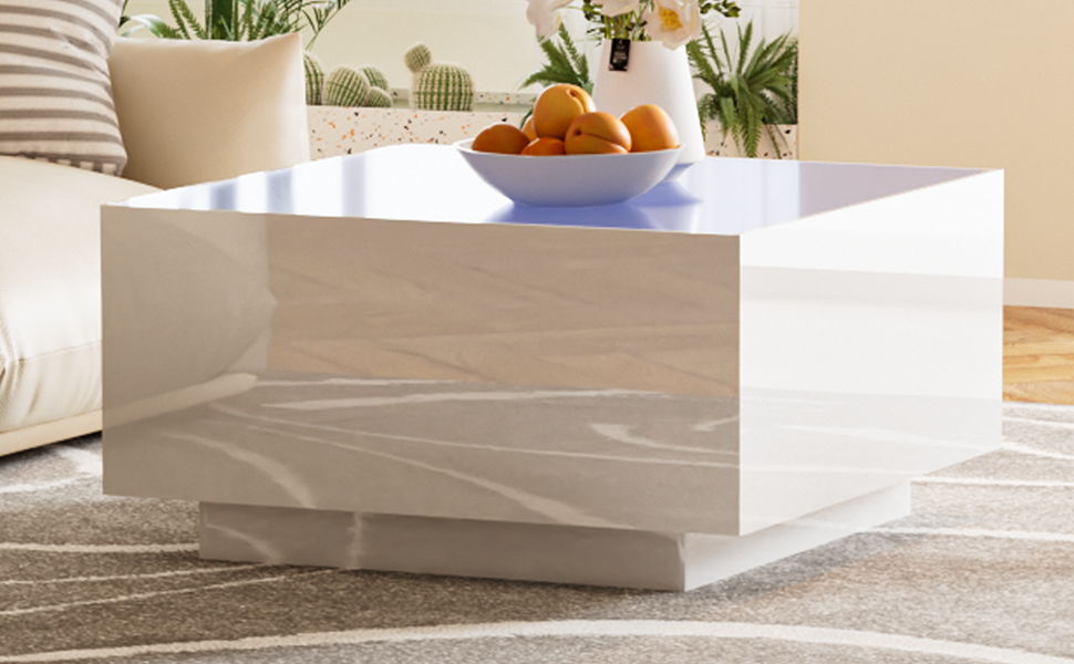 Square High Glossy Coffee Table With 16 Color Led Strip Lights, Modern Center Table With 5Mm Frosted Tempered Glass Top For Living Room - White