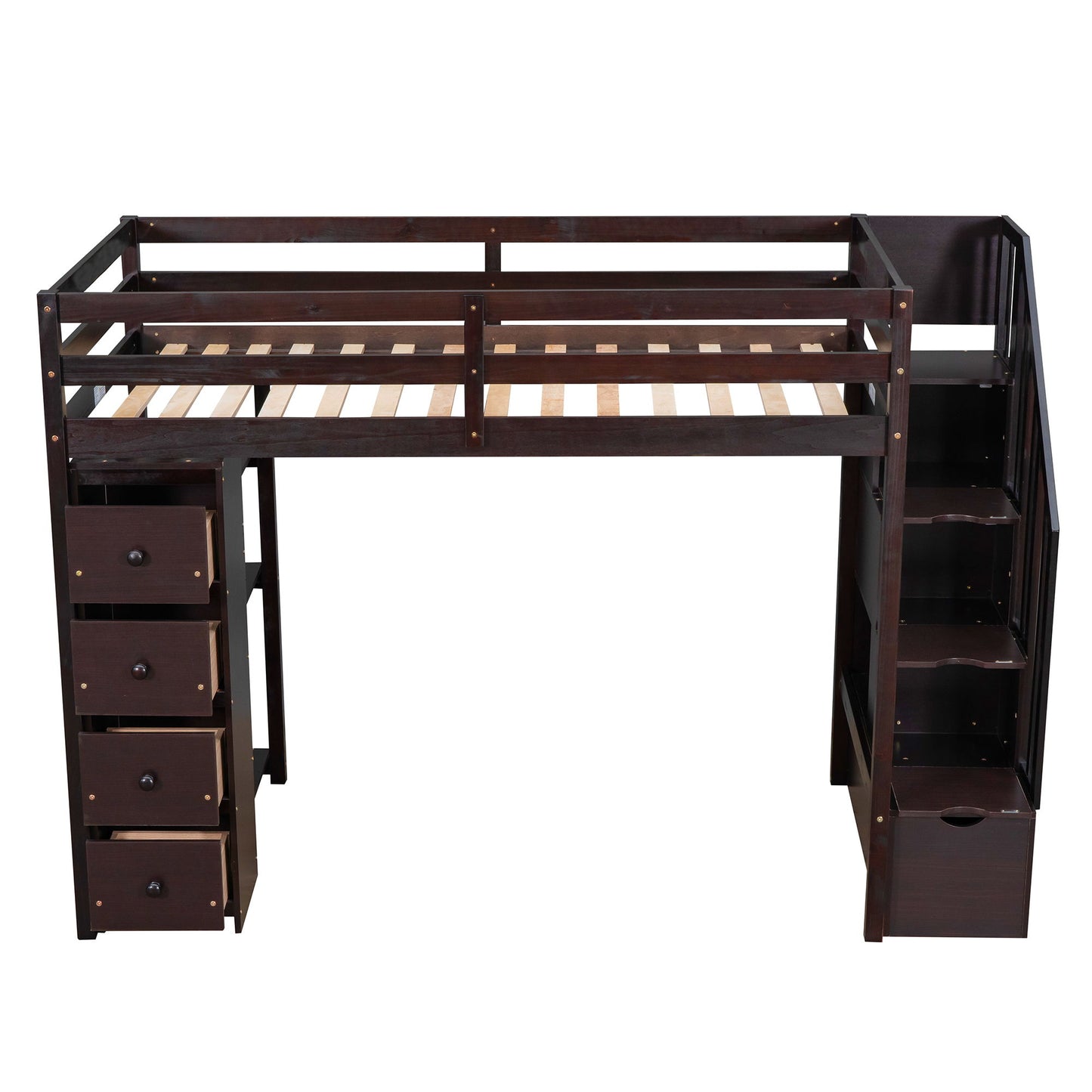 Twin Size Loft Bed With Storage Drawers And Stairs With Shelves - Espresso