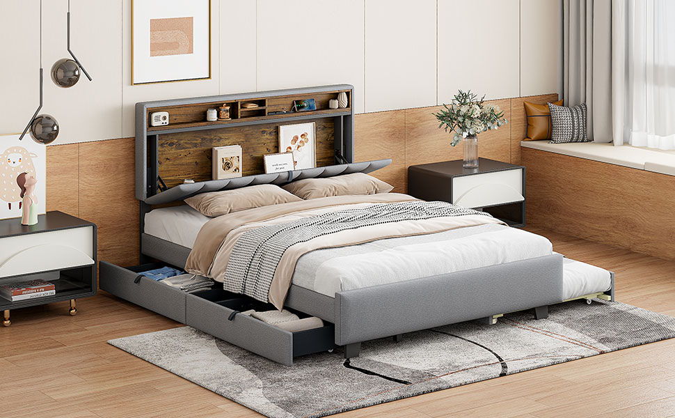 Queen Size Upholstered Platform Bed With Storage Headboard, Twin Long Size Trundle & 2 Drawers And A Set Of Sockets & USB Ports - Gray