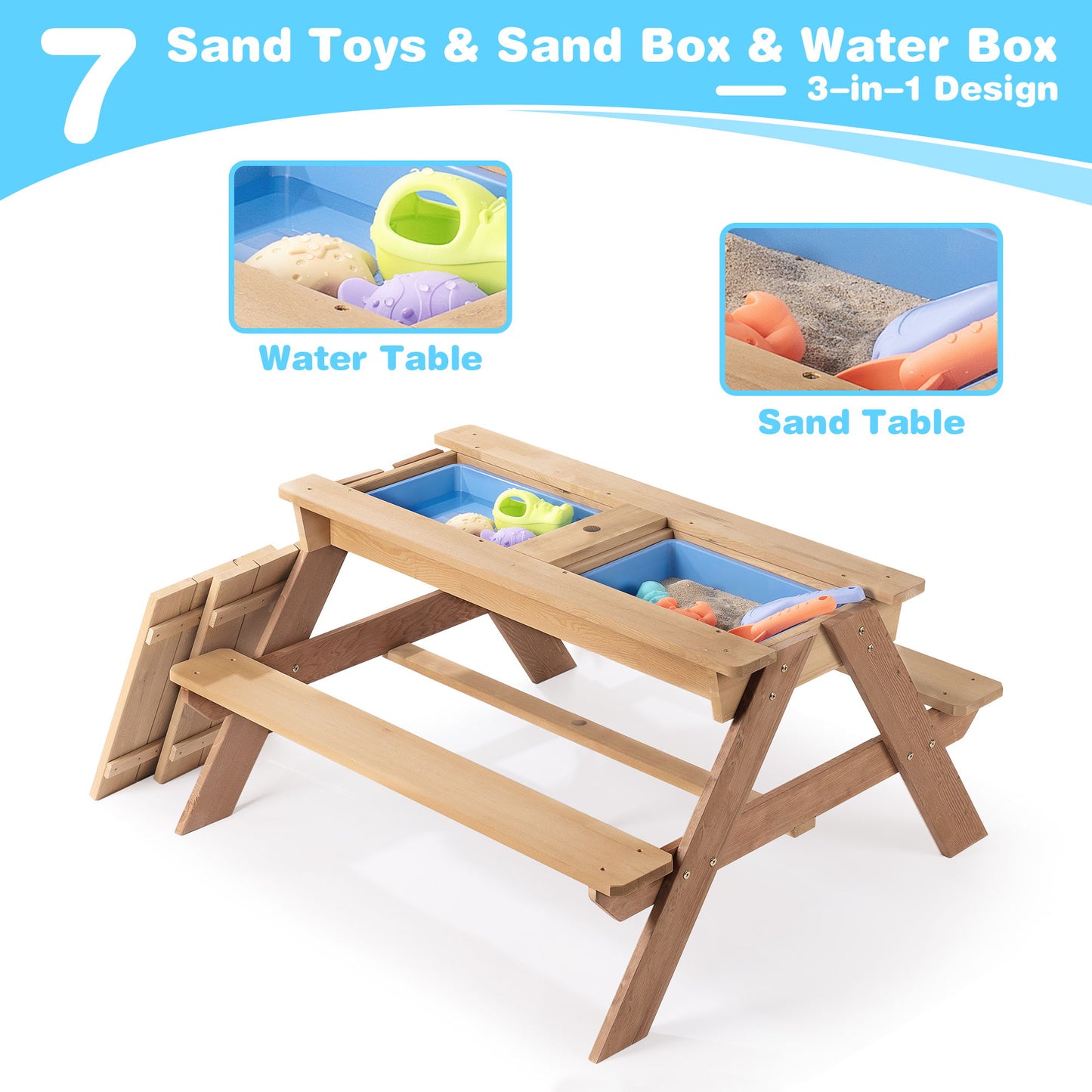 3-In-1 Kids Outdoor Wooden Picnic Table With Umbrella, Convertible Sand & Water, ASTM & CPSIA Certification - Natural Wood