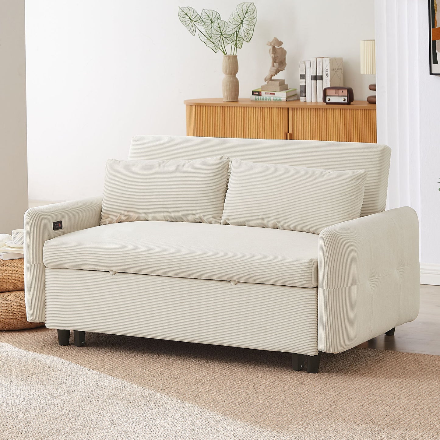 Pull Out Sofa Bed Convertible Couch 2 Seat Loveseat Sofa Modern Sleeper Sofa With 2 Throw Pillows And USB Ports For Living Room - Beige