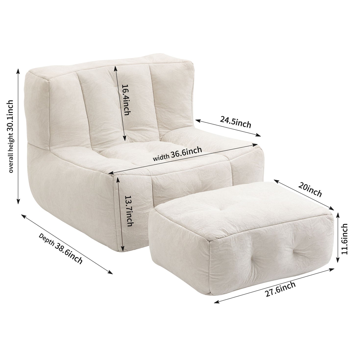 Fluffy Bean Bag Chair, Comfortable Bean Bag For Adults And Children, Super Soft Lazy Sofa Chair With Memory Foam And Ottoman, Indoor Modern Focus Bean Bag Chair For Living Room, Bedroom, Apartment - White