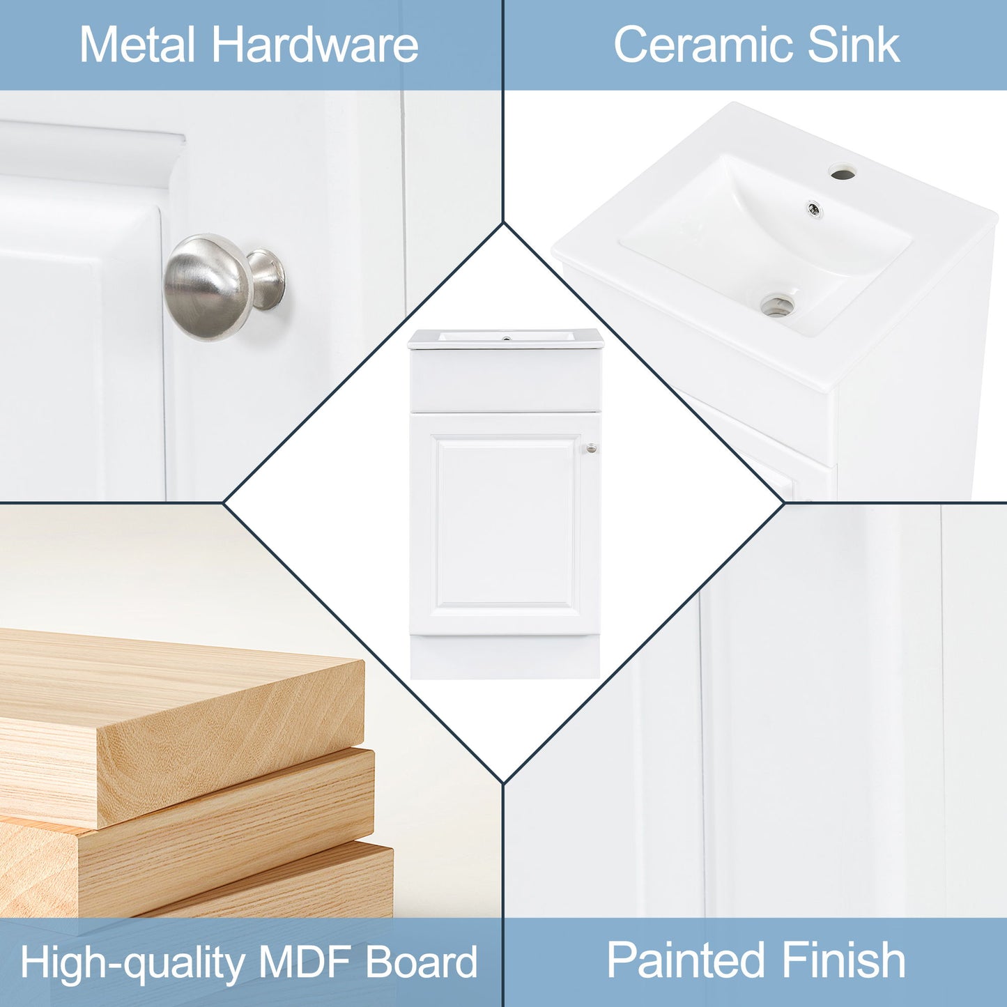 18" Bathroom Vanity With Sink, & Ceramic, Adjustable Shelf - White