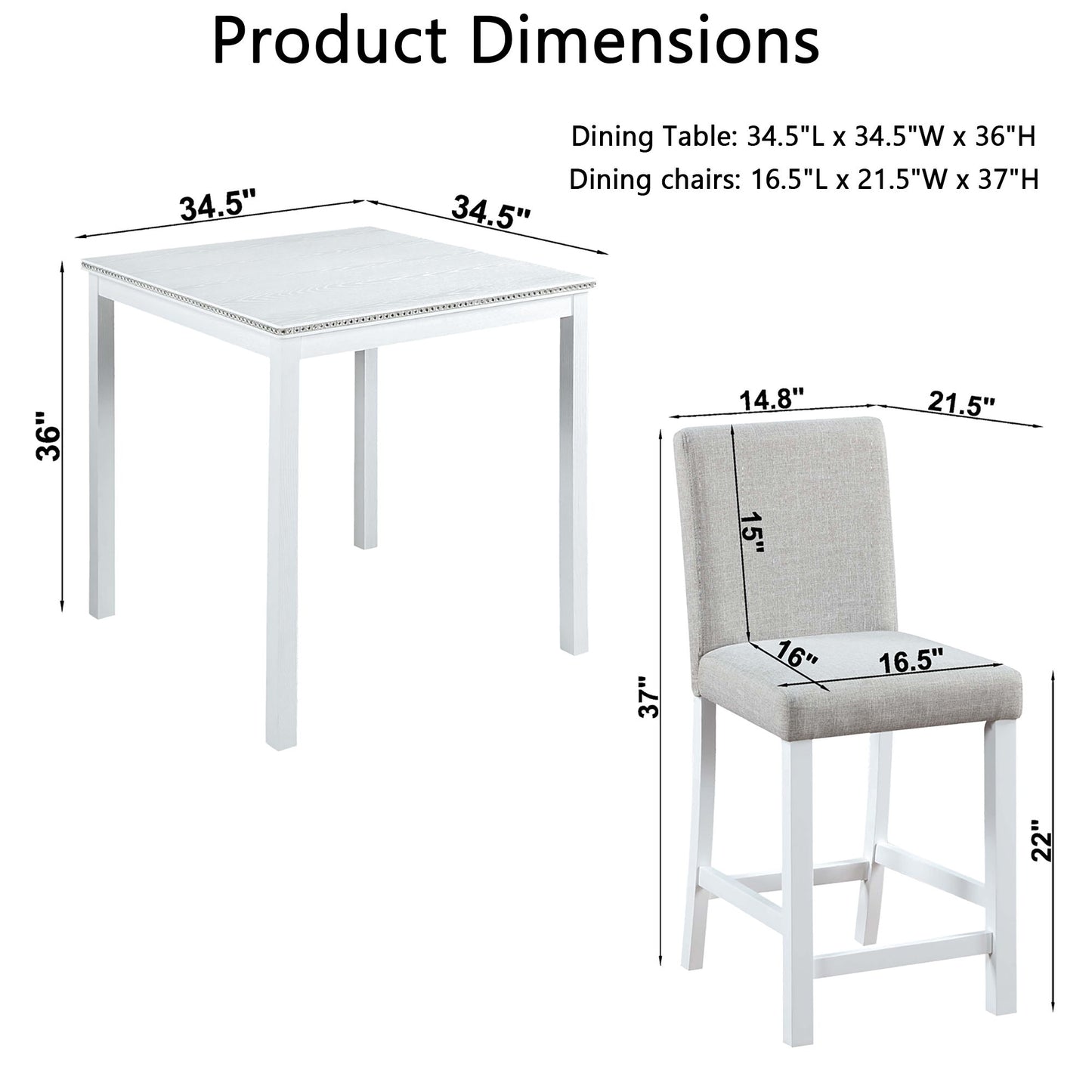 5 Piece Counter Height Table Set, Wooden Kitchen Table Set With Square Table And 4 Upholstered Chairs, Counter Height Dining Table With Crystal Decoration And Chair Set For Kitchen, Dining Room - White