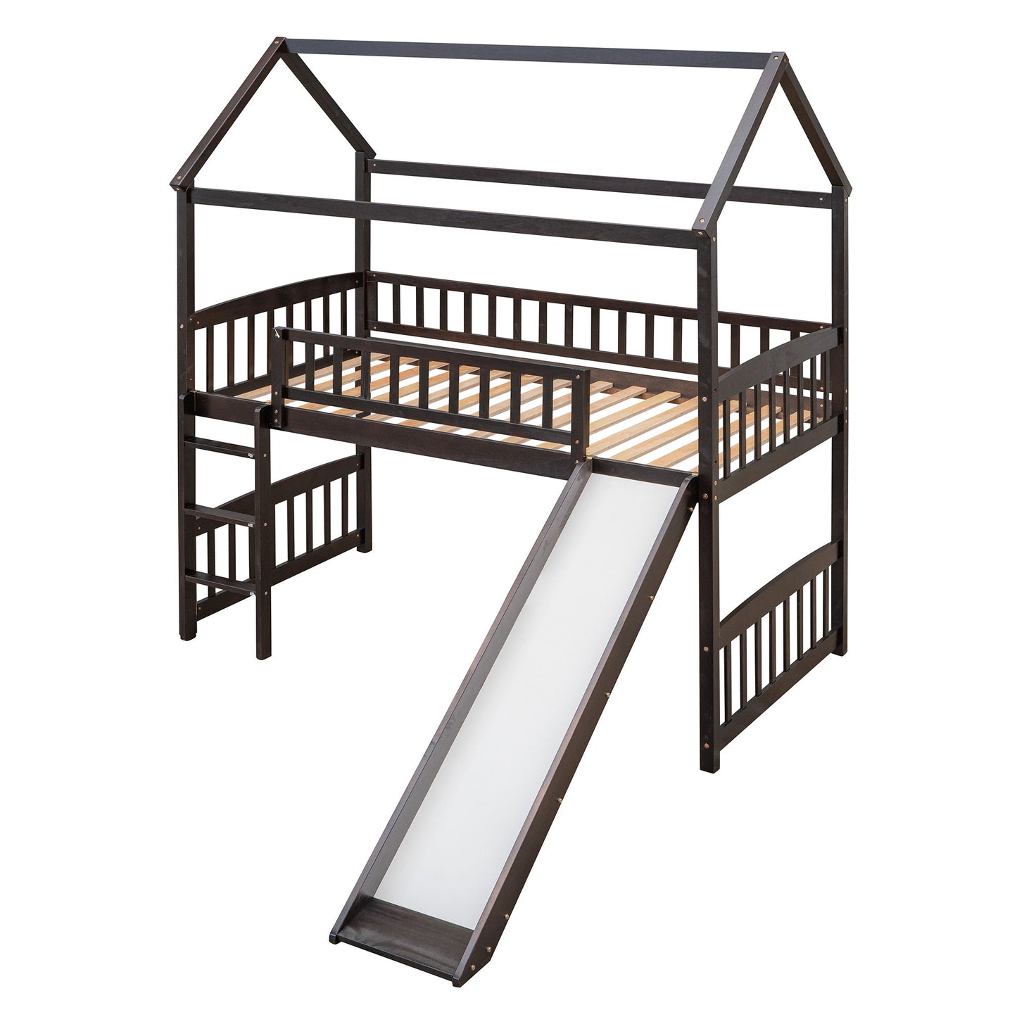 Twin House Loft Bed With Slide - Espresso