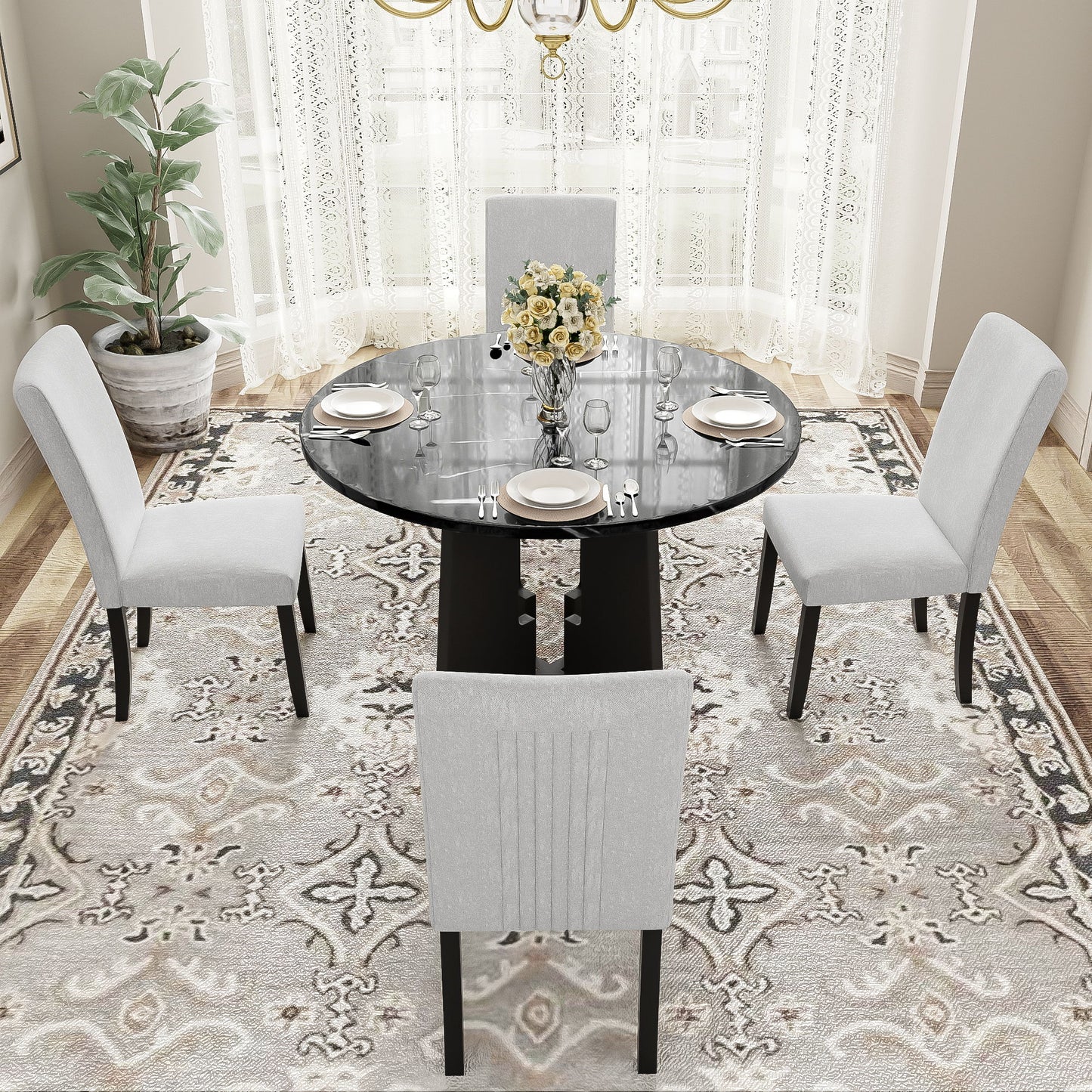 5 Piece Round Dining Table Set, Modern Dining Table And 4 Upholstered Chairs For Dining Room, Kitchen Room, Living Room - Beige / Black