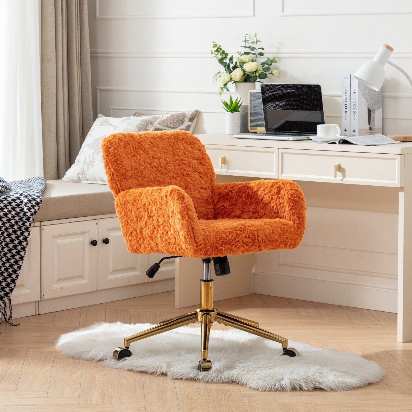 Office Chair, Artificial Rabbit Hair Home Office Chair With Golden Metal Base, Adjustable Desk Chair Swivel Office Chair, Vanity Chair - Orange
