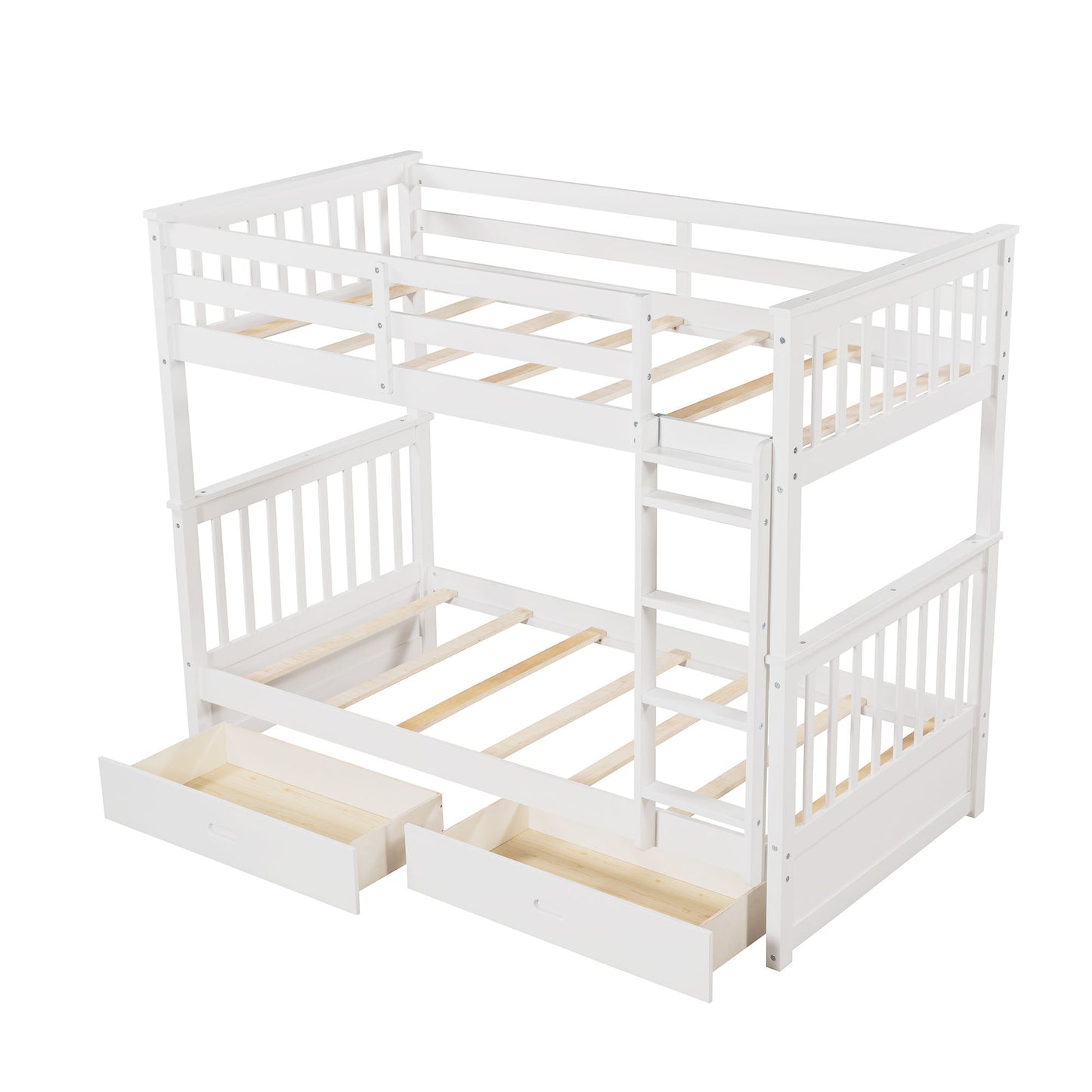 Twin Over Twin Bunk Bed With Ladders And 2 Storage Drawers - White