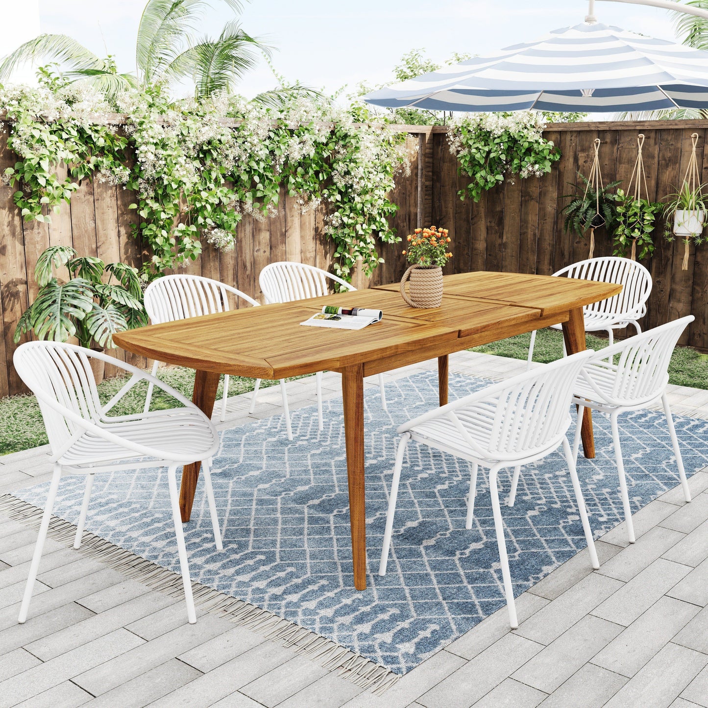 Modern Expandable Outdoor Dining Set With Stackable Chairs - White / Teak