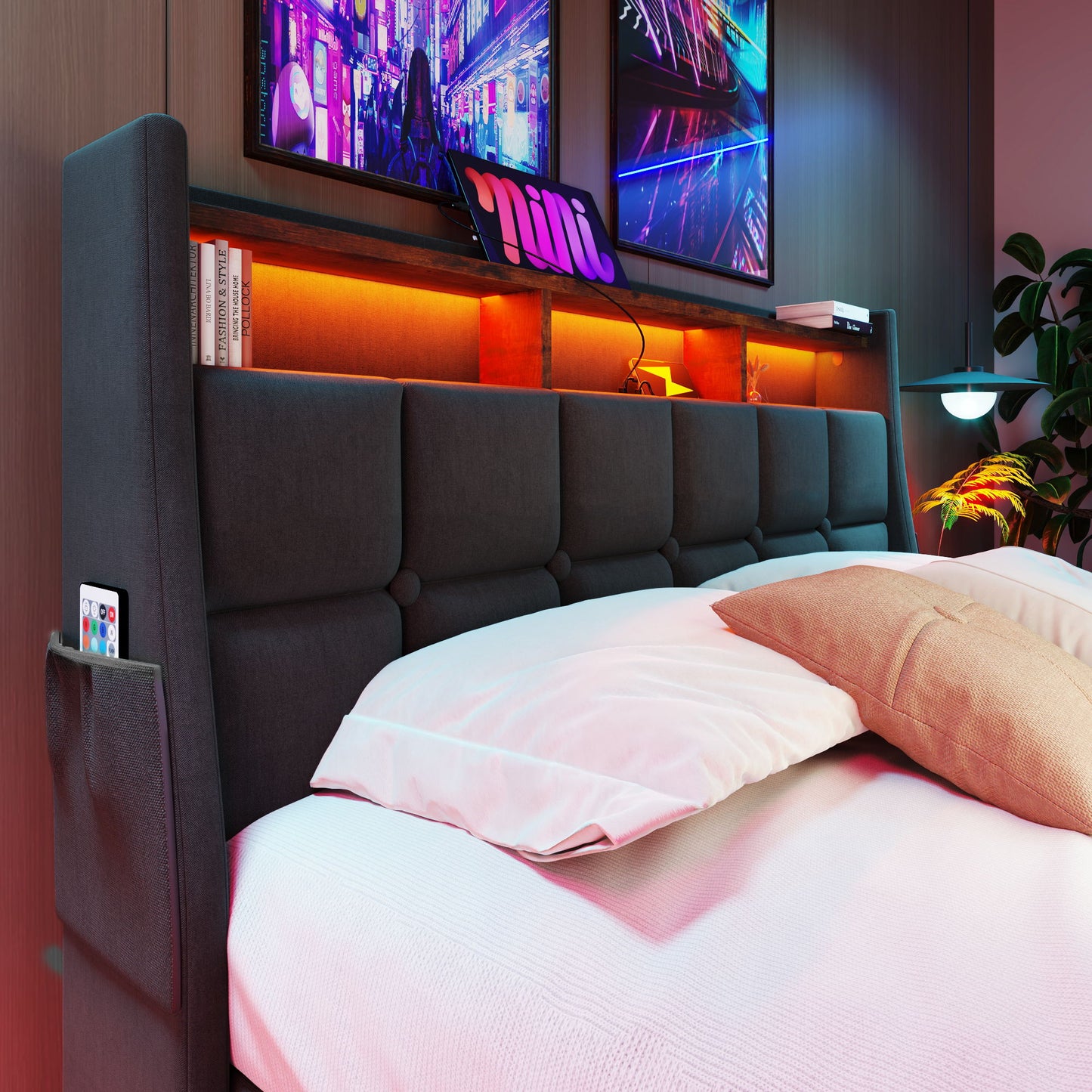 Full Size Upholstered Platform Bed With A Hydraulic Storage System, LED And USB Charging (Without Mattress) - Gray