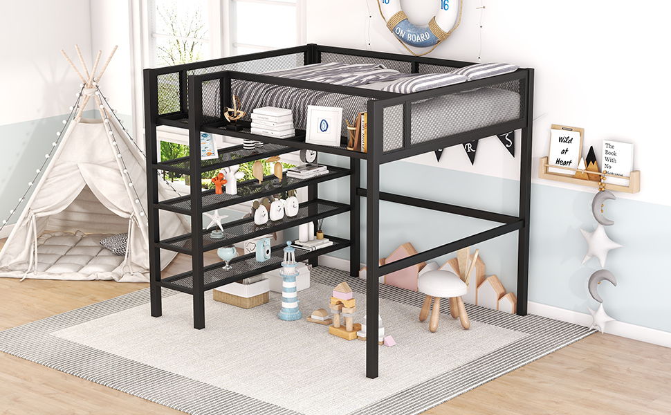 Full Size Loft Bed With 4 Tier Shelves And Storage - Black