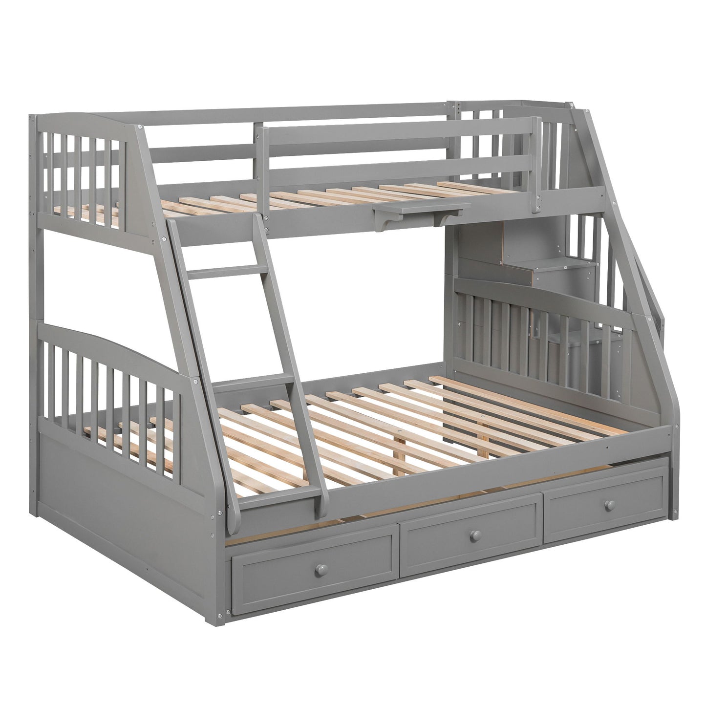 Twin Over Full Bunk Bed With Drawers, Ladder And Storage Staircase - Gray