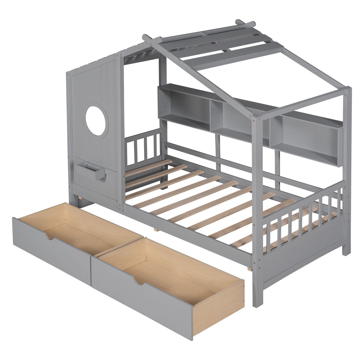 Twin Size House Bed With 2 Drawers, Kids Bed With Storage Shelf - Gray