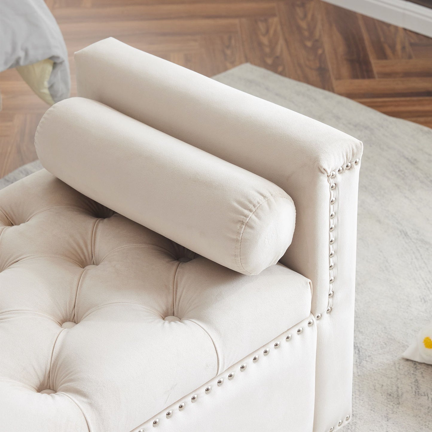 Storage Bench, Queen Velvet Button Bedside Bench, Entryway Living Room With Armrests, Nailhead Trim, Upholstered Bedroom Bench, Bedside Ottoman, Living Room, Entryway - Cream