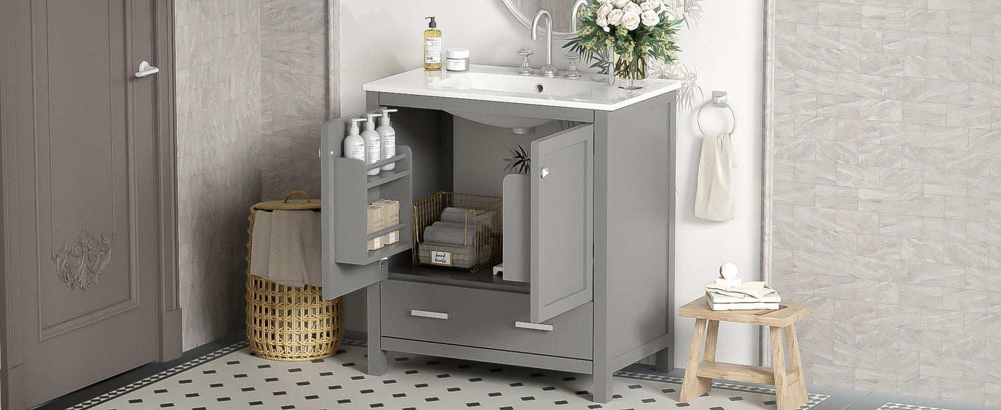 Bathroom Vanity With Single Sink, Combo Cabinet Undermount Sink, Bathroom Storage Cabinet With Two Doors And A Drawer, Soft Closing, Multifunctional Storage, Solid Wood Frame - Gray