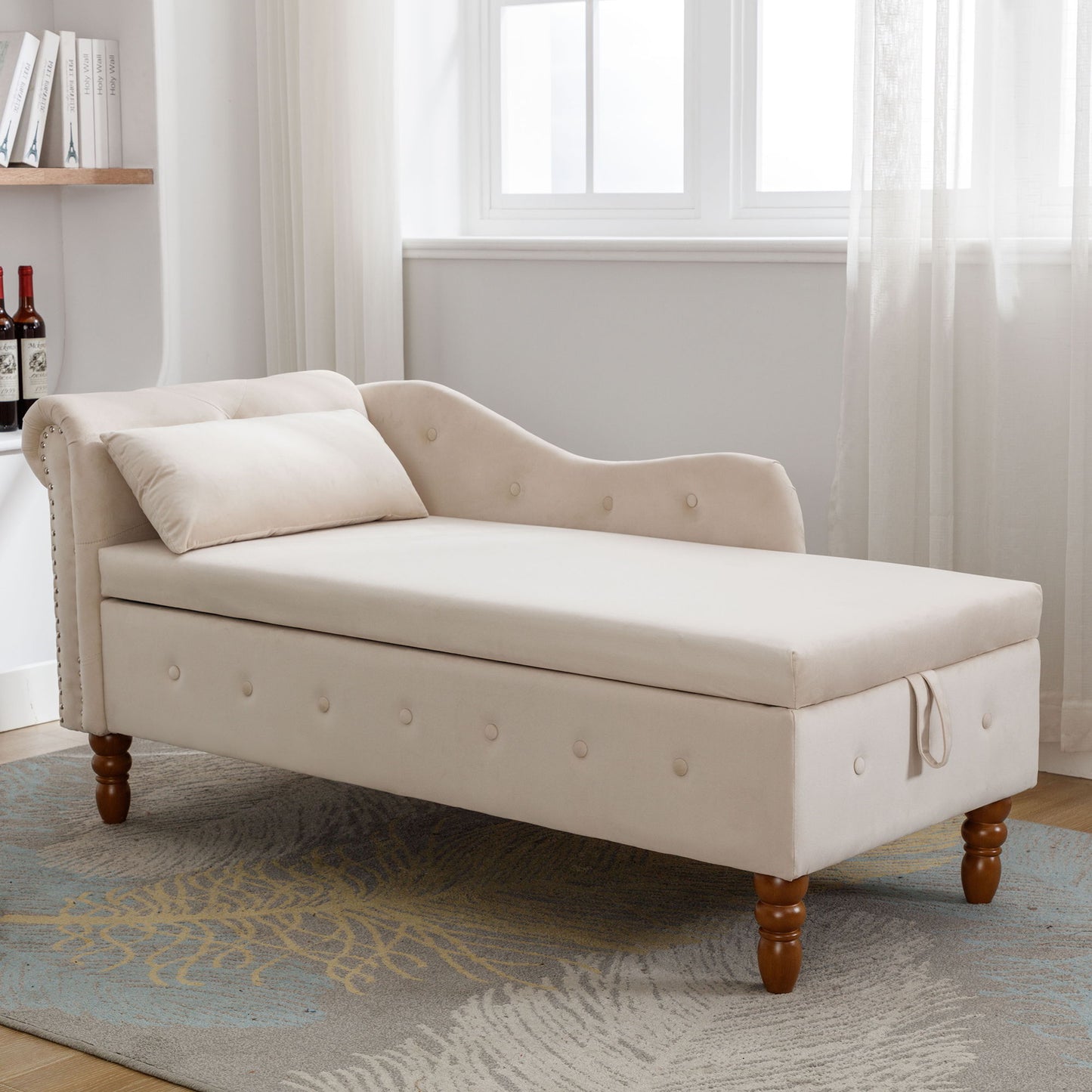 Chaise Lounge Indoor, Velvet Lounge Chair For Bedroom With Storage & Pillow, Modern Upholstered Rolled Arm Chase Lounge For Sleeping With Nailhead Trim For Living Room Bedroom Office - Beige
