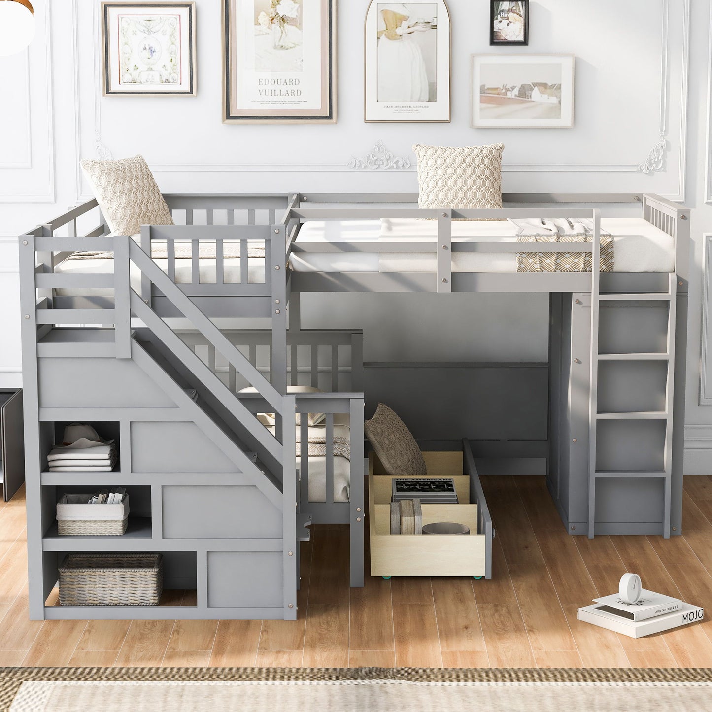 Twin Twin Over Full L Shaped Bunk Bed With 3 Drawers, Portable Desk And Wardrobe - Gray