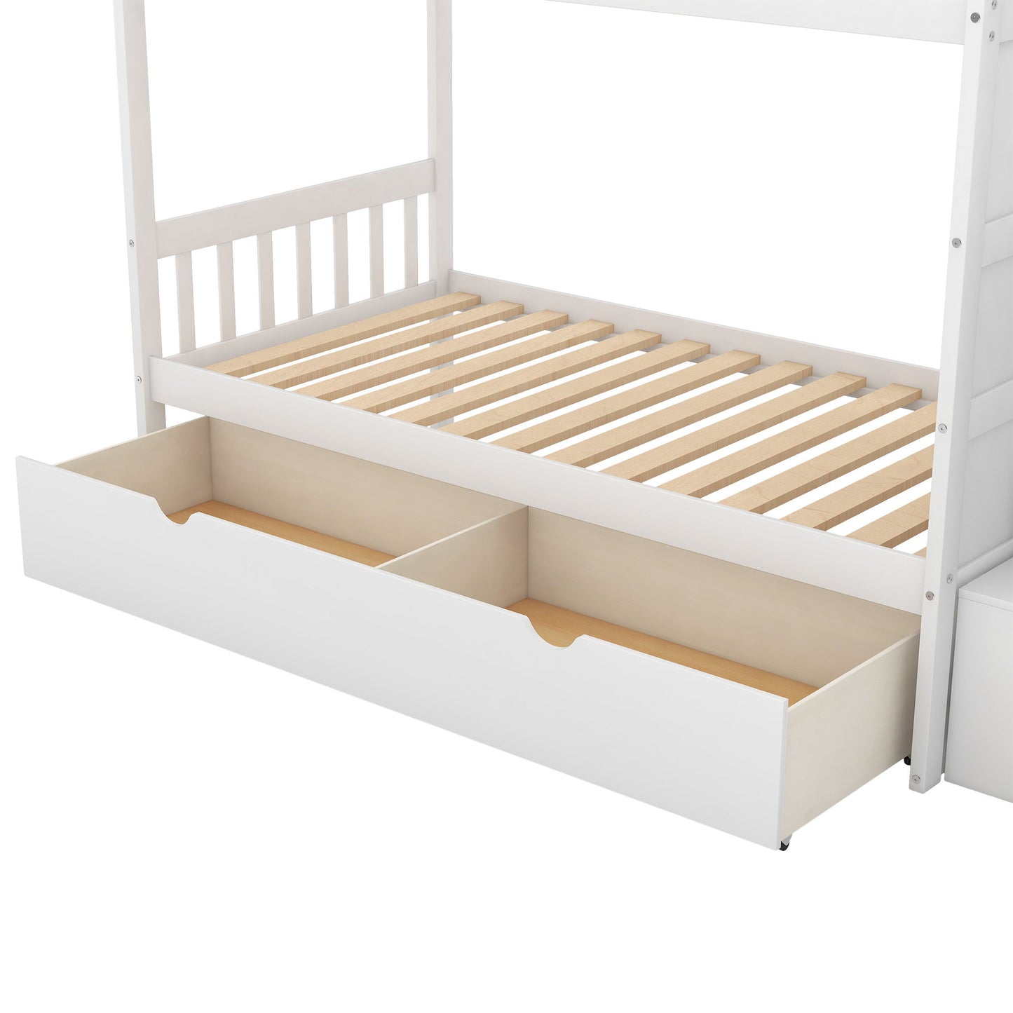 Twin Over Full / Twin Bunk Bed, Convertible Bottom Bed, Storage Shelves And Drawers - White