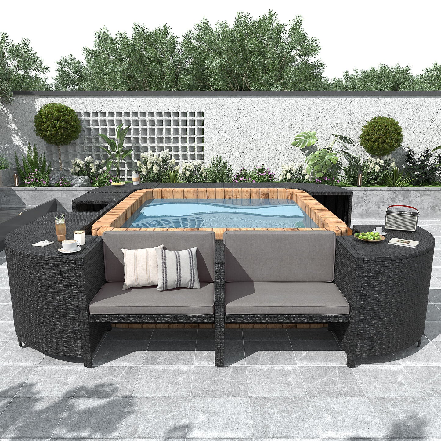 Spa Surround Spa Frame Quadrilateral Outdoor Rattan Sectional Sofa Set With Mini Sofa, Wooden Seats And Storage Spaces - Gray