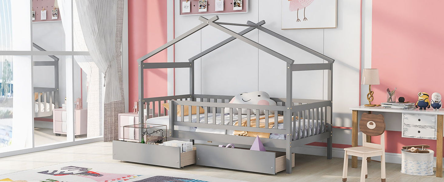 Twin Size House Bed With 2 Drawers - Gray