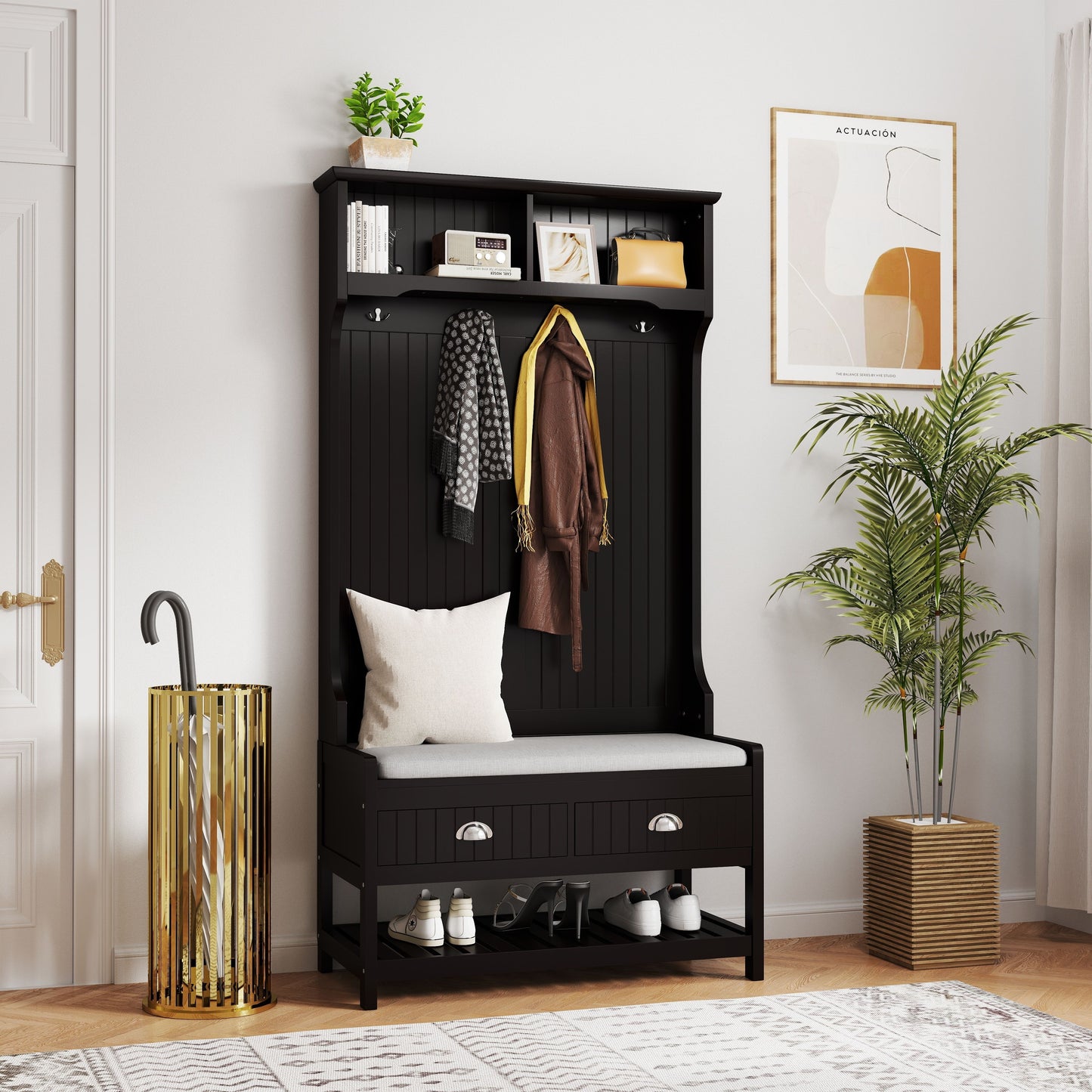 3 In 1 Wooden Hallway Hall Tree With Storage Drawers, Coat Rack, Shoe Rack Bench, And Cushion - Amber Graphite / Black