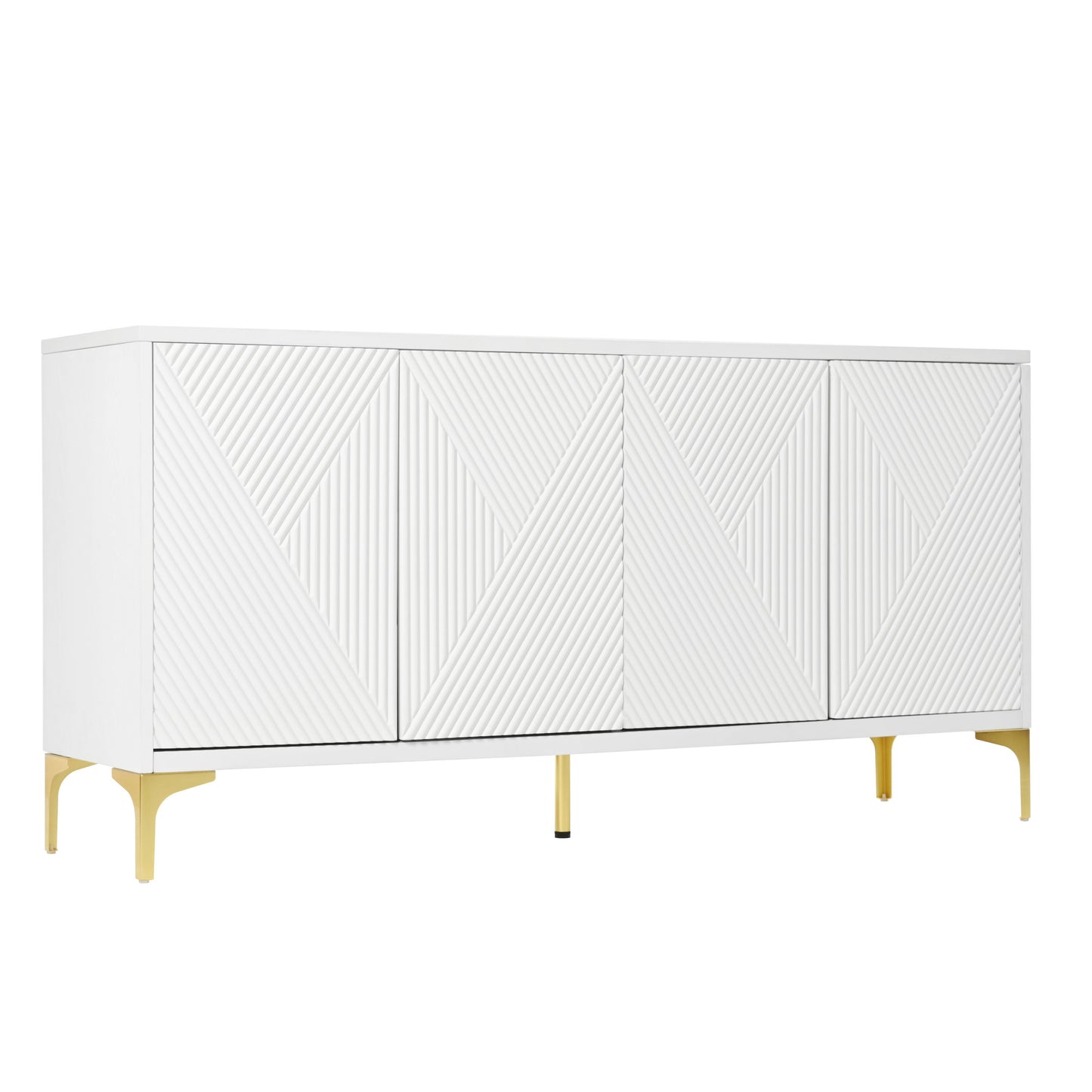 Modern Wood Sideboard Cabinet With Carved Door Panels, Adjustable Shelves, And Sturdy Metal Legs - White