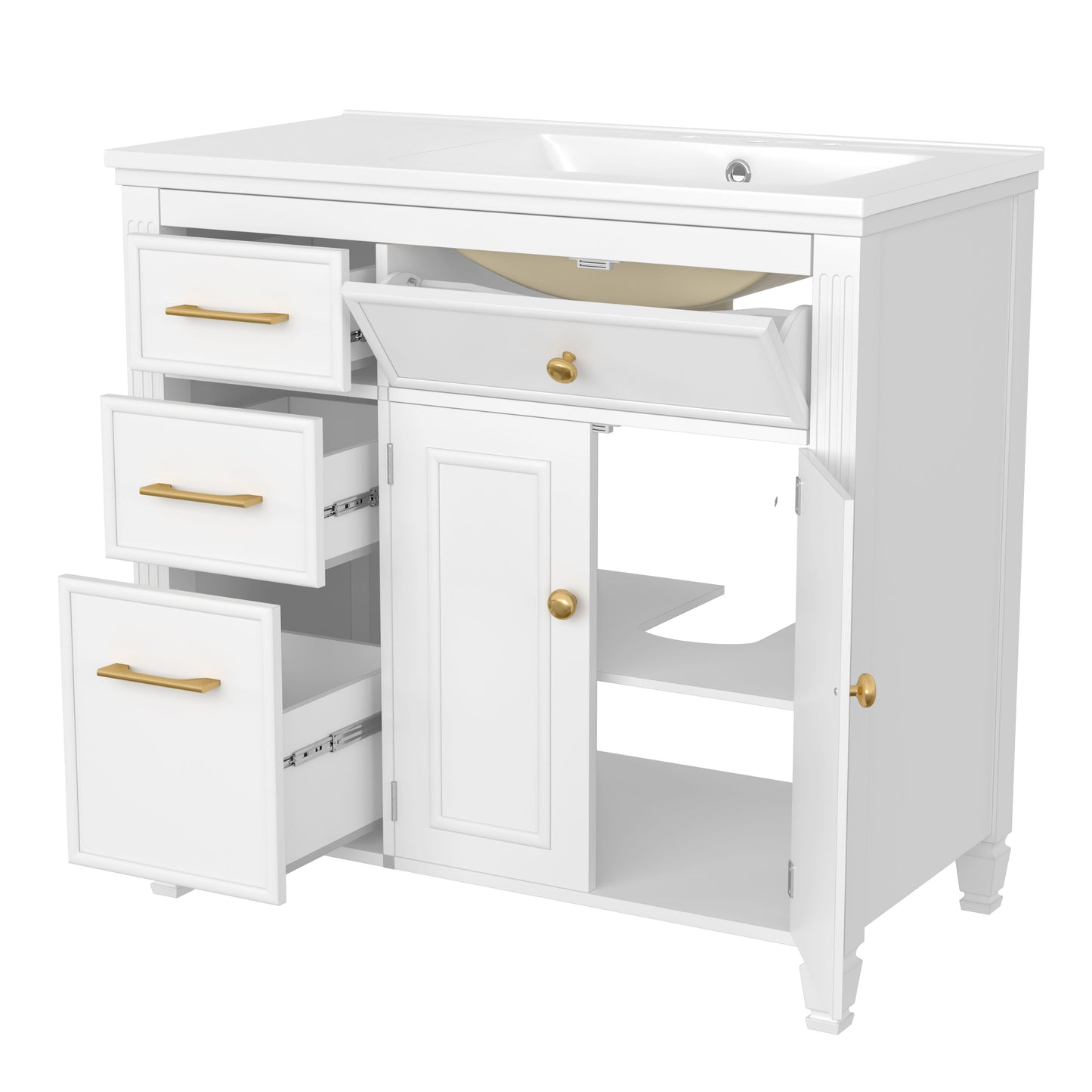 Modern Bathroom Vanity With Ceramic Sink, Freestanding, One Tip - Out Drawer, 3 Side Drawers, Adjustable Shelf - White