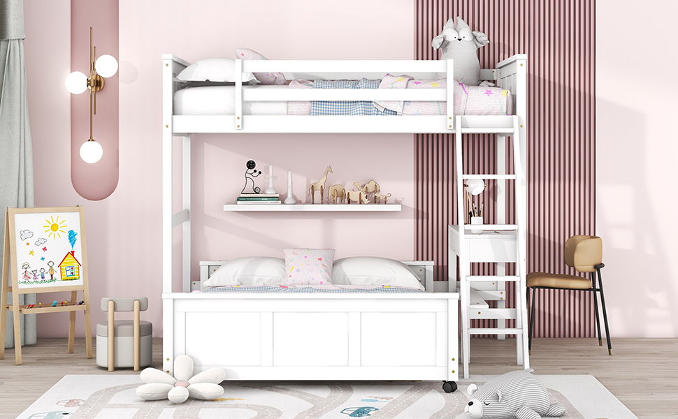Twin Over Full Bunk Bed With Desk - White