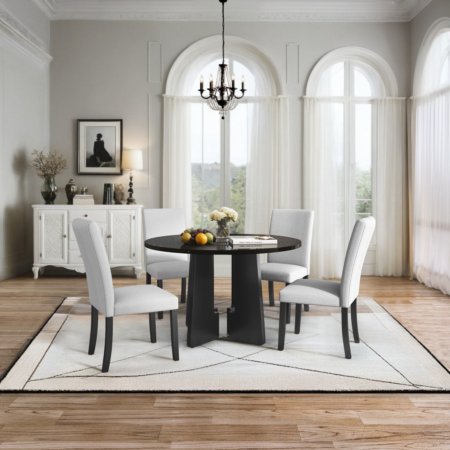 5 Piece Round Dining Table Set, Modern Dining Table And 4 Upholstered Chairs For Dining Room, Kitchen Room, Living Room - Beige / Black