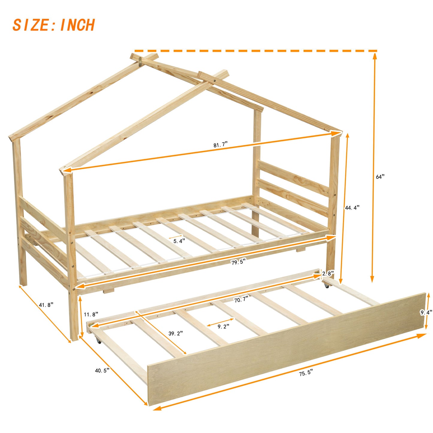 Twin Size House-Shaped Bed With Trundle - Natural