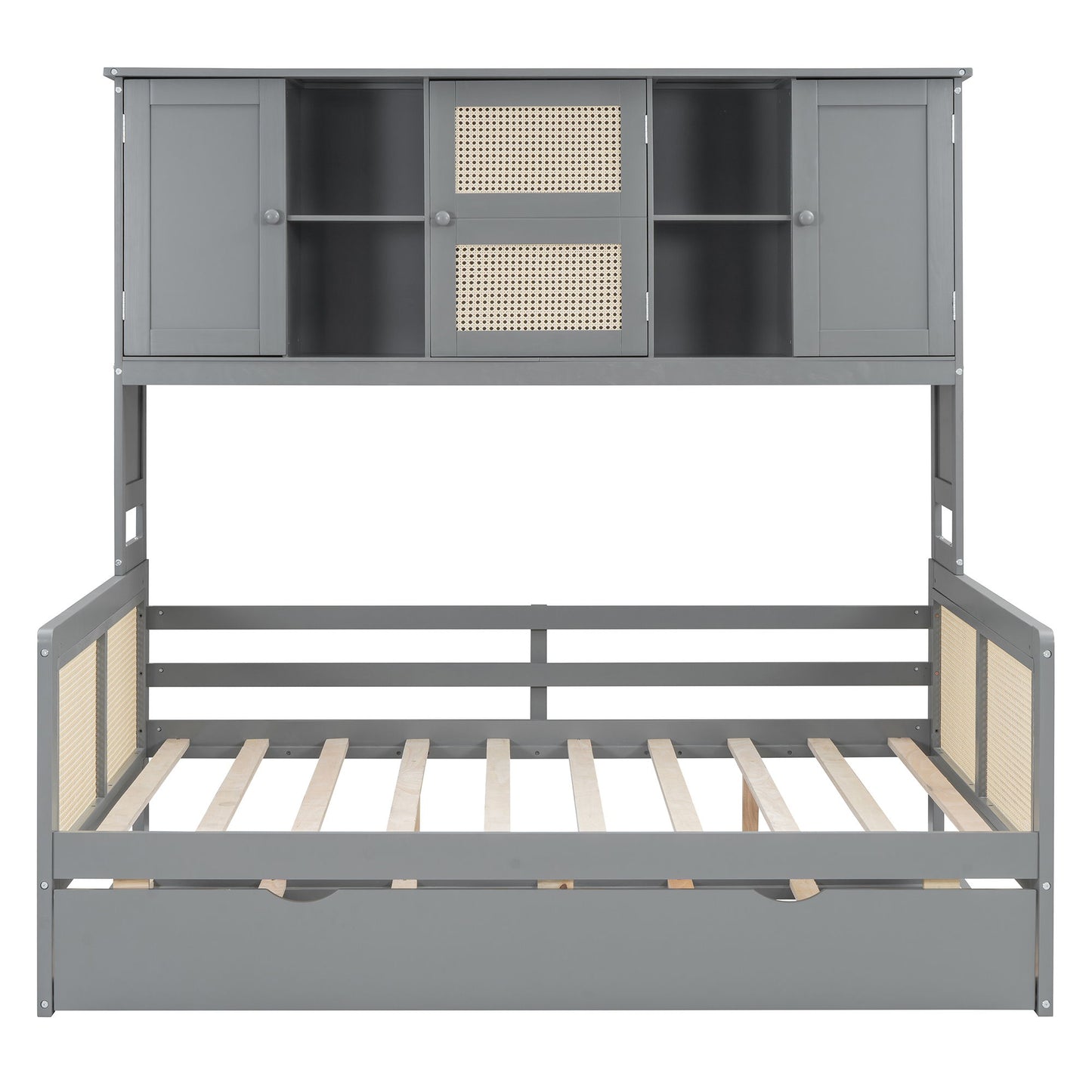 Full Size Wooden Daybed & Twin Size Trundle, And All In One Cabinet And Shelf - Gray