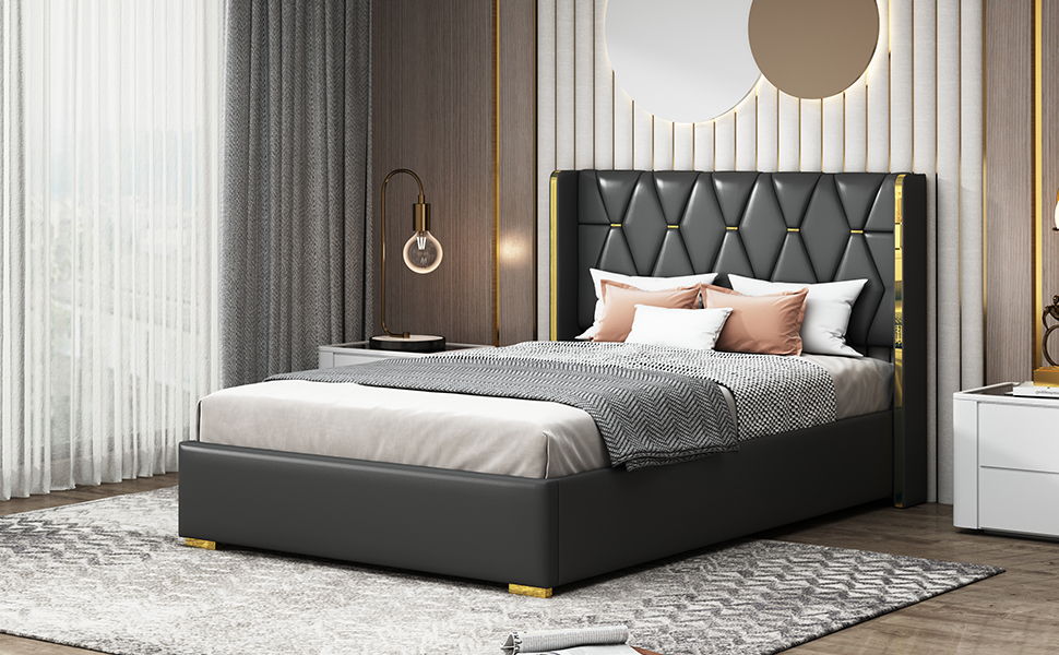 Full Size Upholstered Platform Bed With Strips - Black