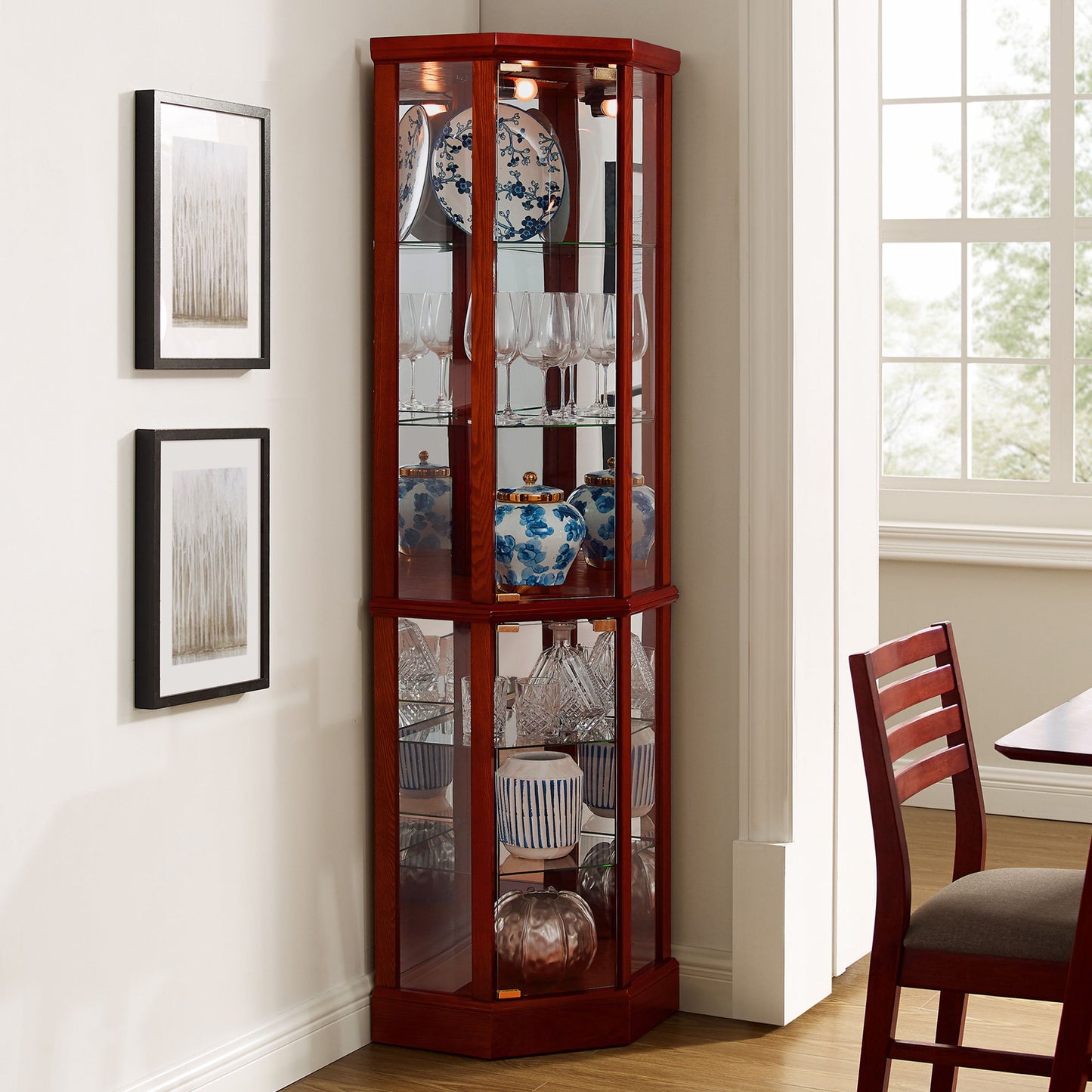 6 Shelf Lighted Corner Curio Cabinet With Adjustable Tempered Glass Shelves And Mirror Back (E26 Light Bulb Not Included) - Cherry