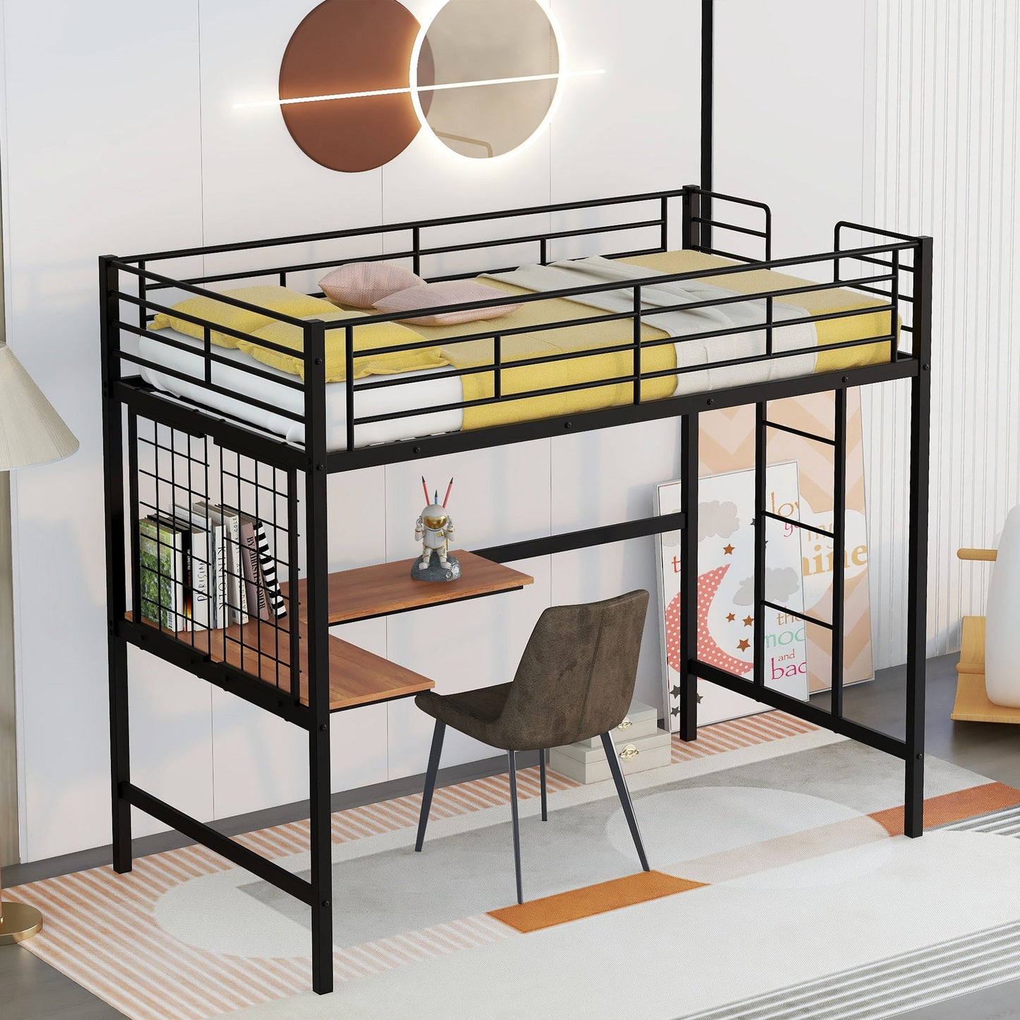 Twin Loft Bed With Desk And Grid - Black