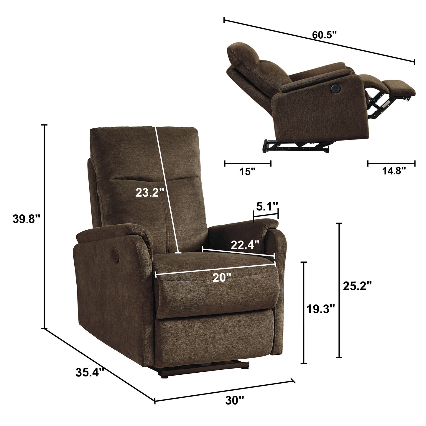 Recliner Chair With Power Function Easy Control Big Stocks, Recliner Single Chair - Dark Brown
