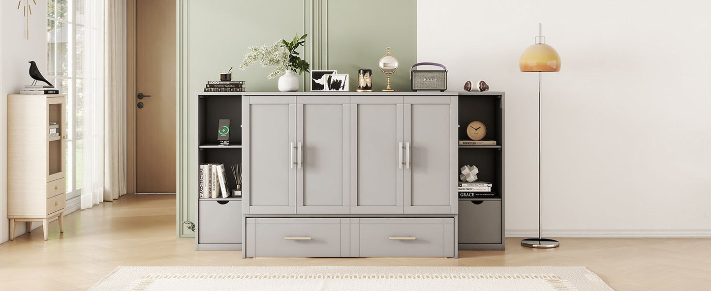 Full Size Murphy Bed With Shelves, Drawers And USB Ports - Gray