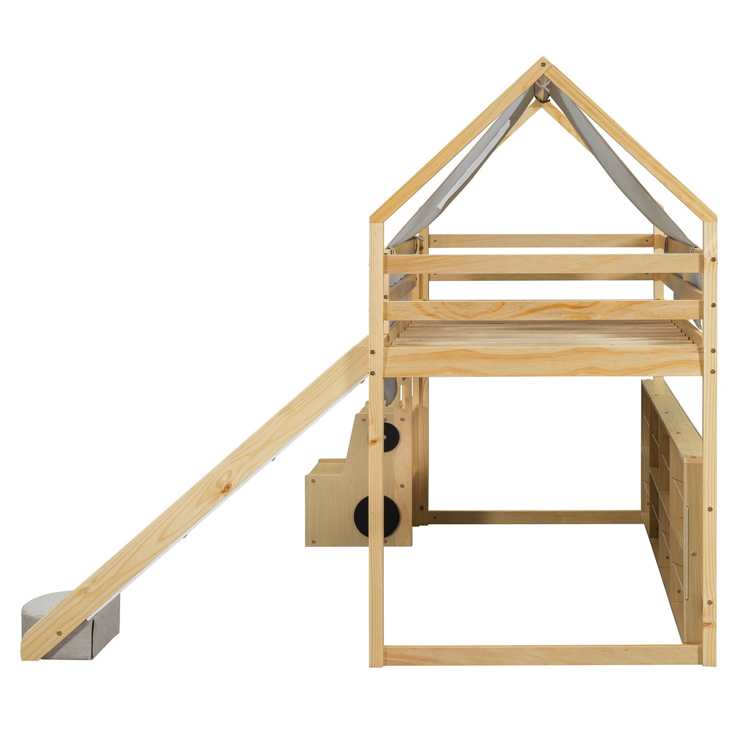 Twin Size Loft Bed With House Shaped Frame And Tent - Natural / Beige