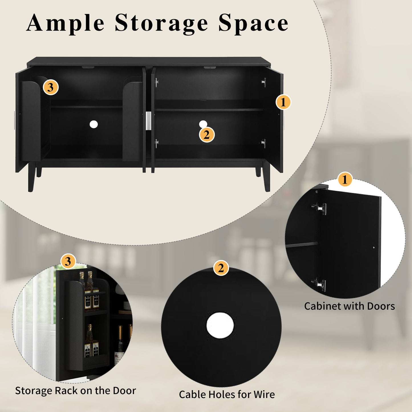 4 Door Sideboard Storage Cabinet With Door Shelf For Living Room And Dining Room, 2 Large Cabinets With Adjustable Shelf - Black