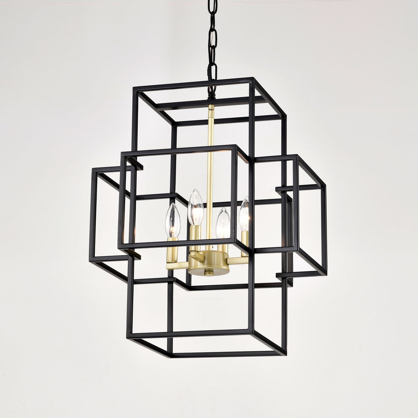 4 Light Metal Lantern Tiered Pendant Hanging Light Fixtures, Industrial Farmhouse Adjustable Height Chandeliers For Dining Room Hallway Foyer Entryway (E12 Bulbs Not Included) - Matte Black / Gold